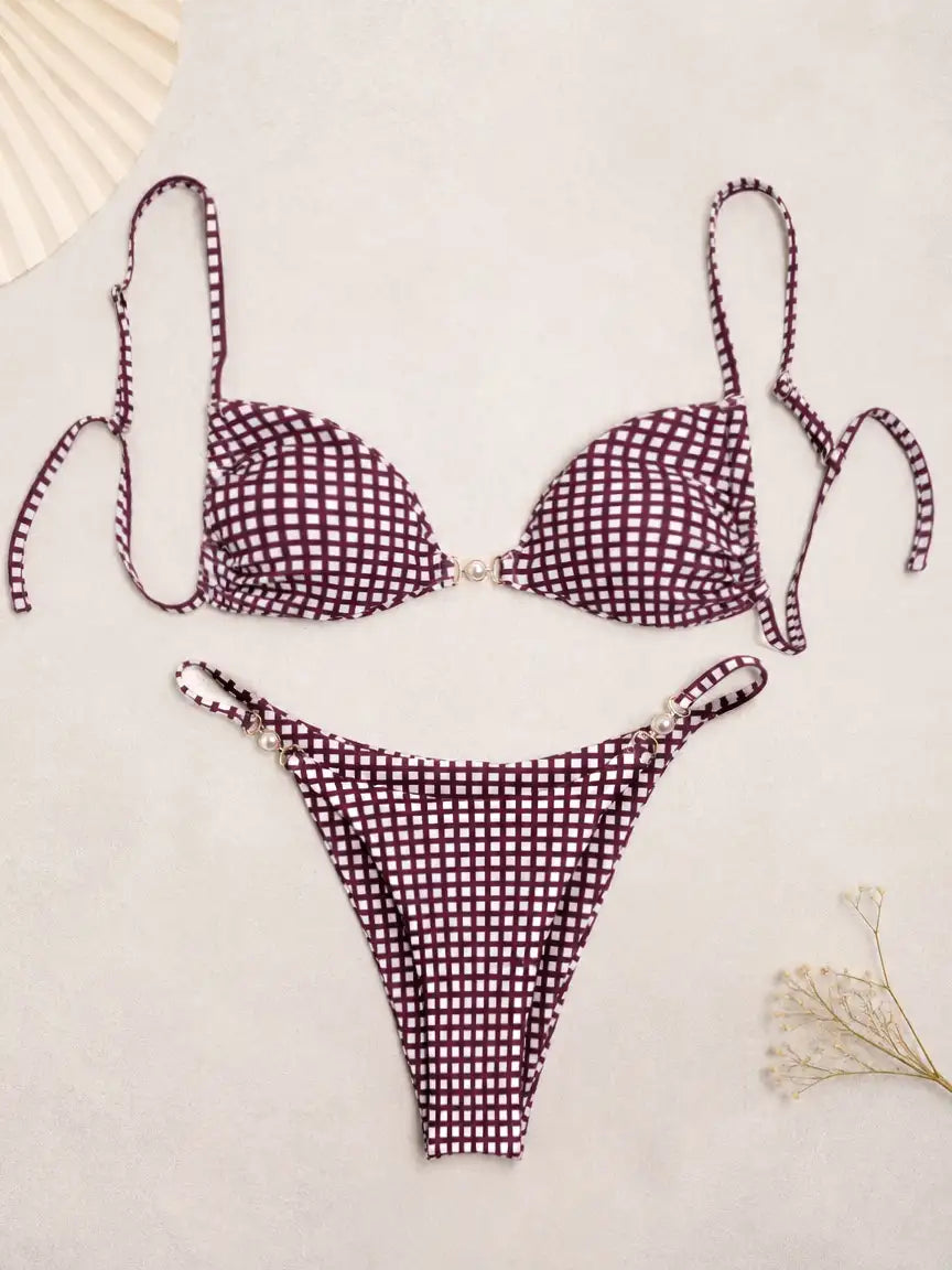 Monaco Gingham Pearl Detail Bikini Set - Plum Wine
