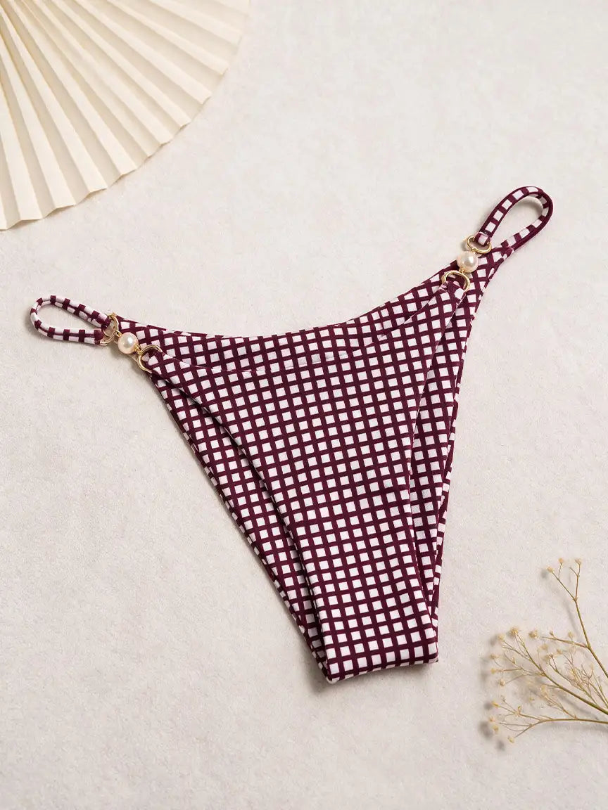 Monaco Gingham Pearl Detail Bikini Set - Plum Wine