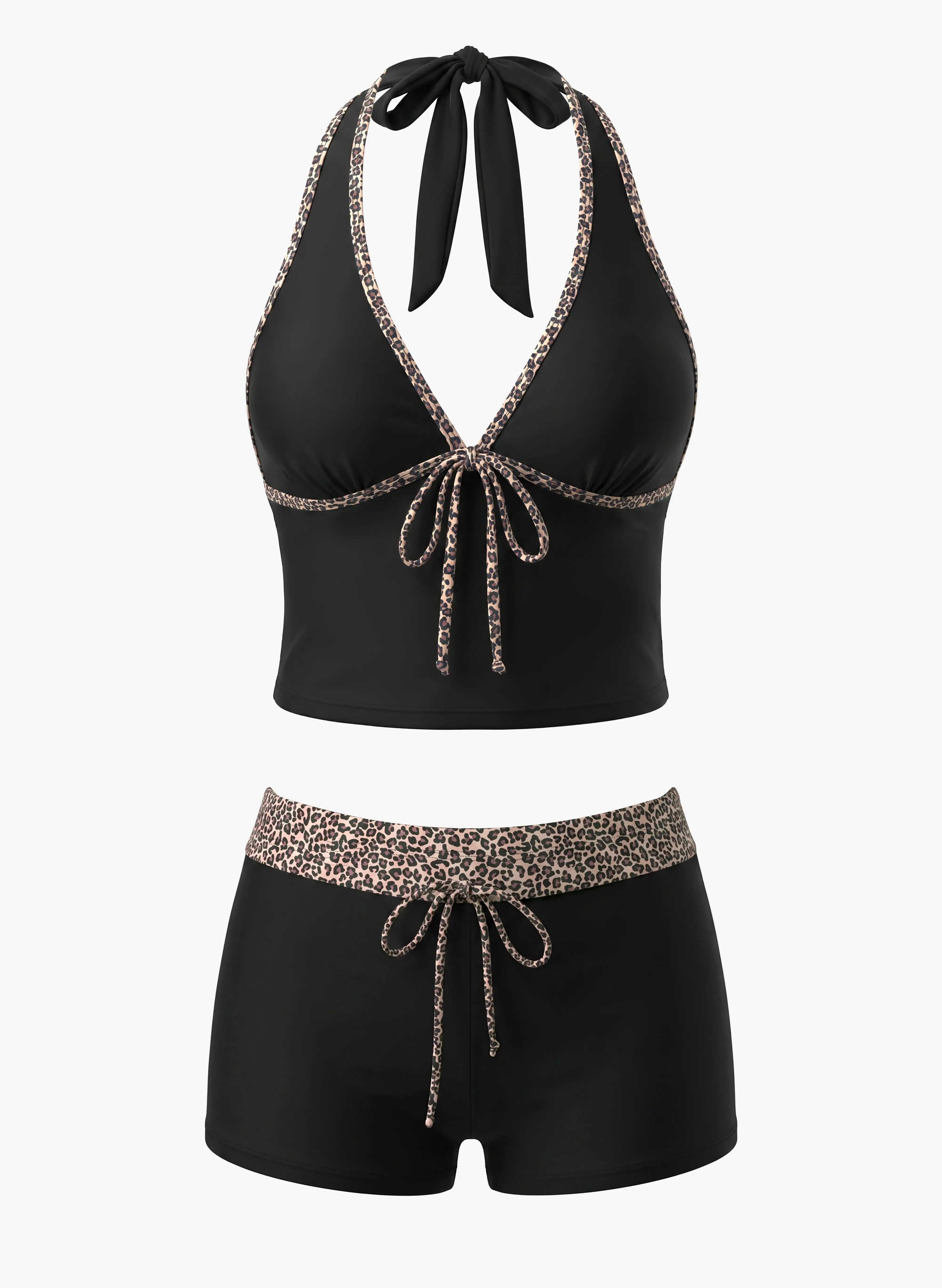 Monaco Leopard Trim Halter Tankini Set - Black