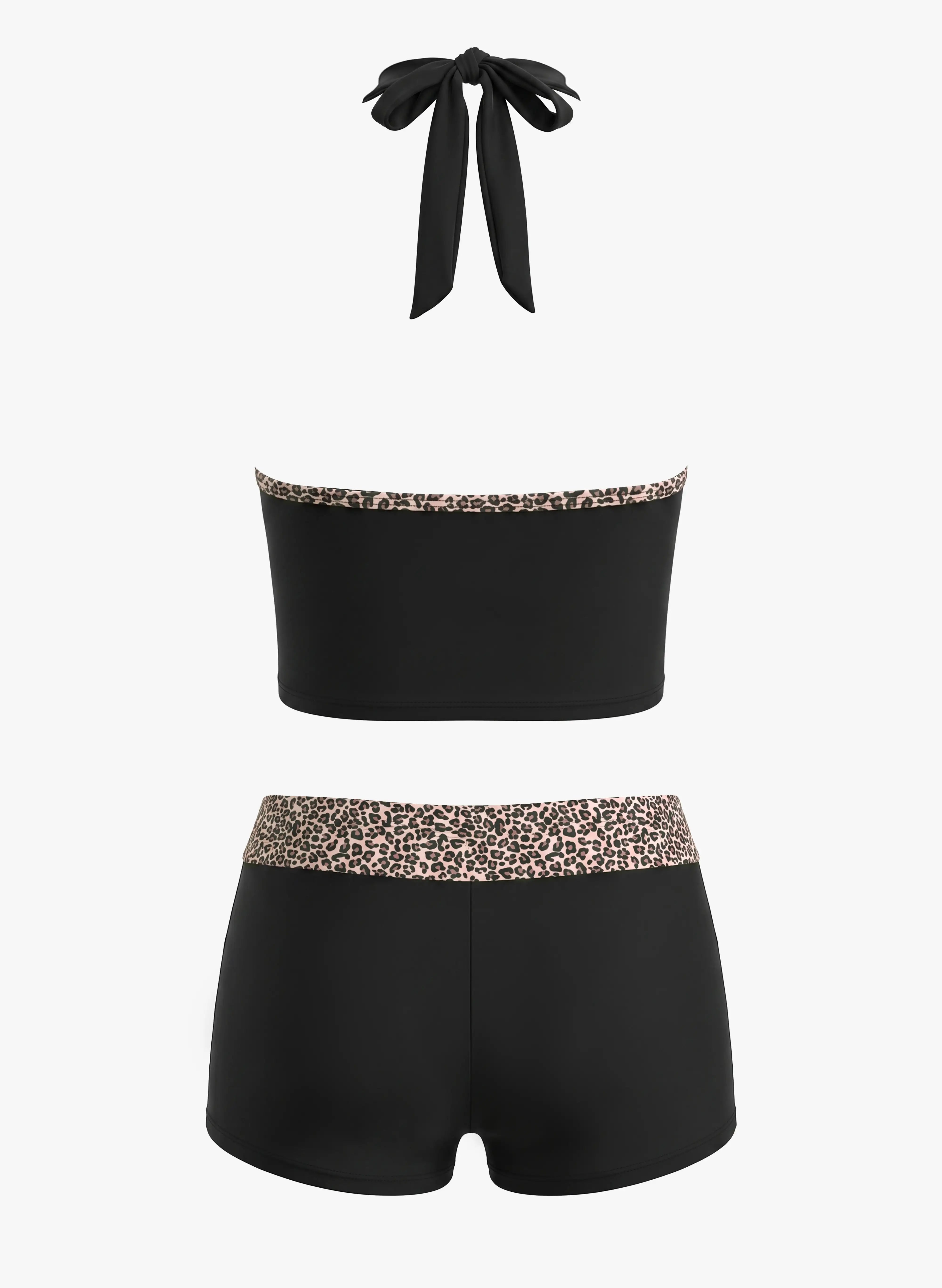Monaco Leopard Trim Halter Tankini Set - Black