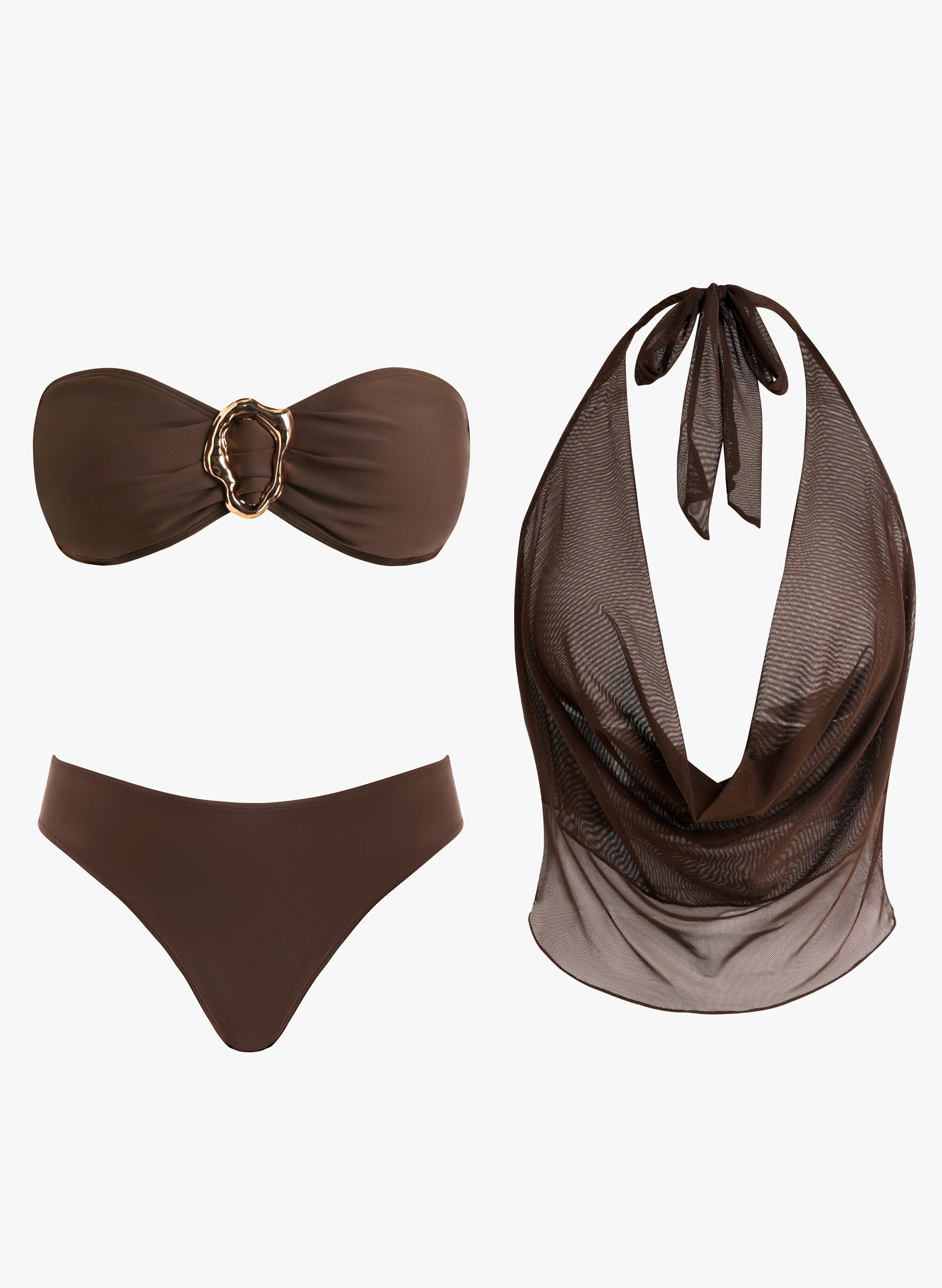 Mykonos Draped Halter Ring 3 Piece Swimsuit - Rich Mocha Brown