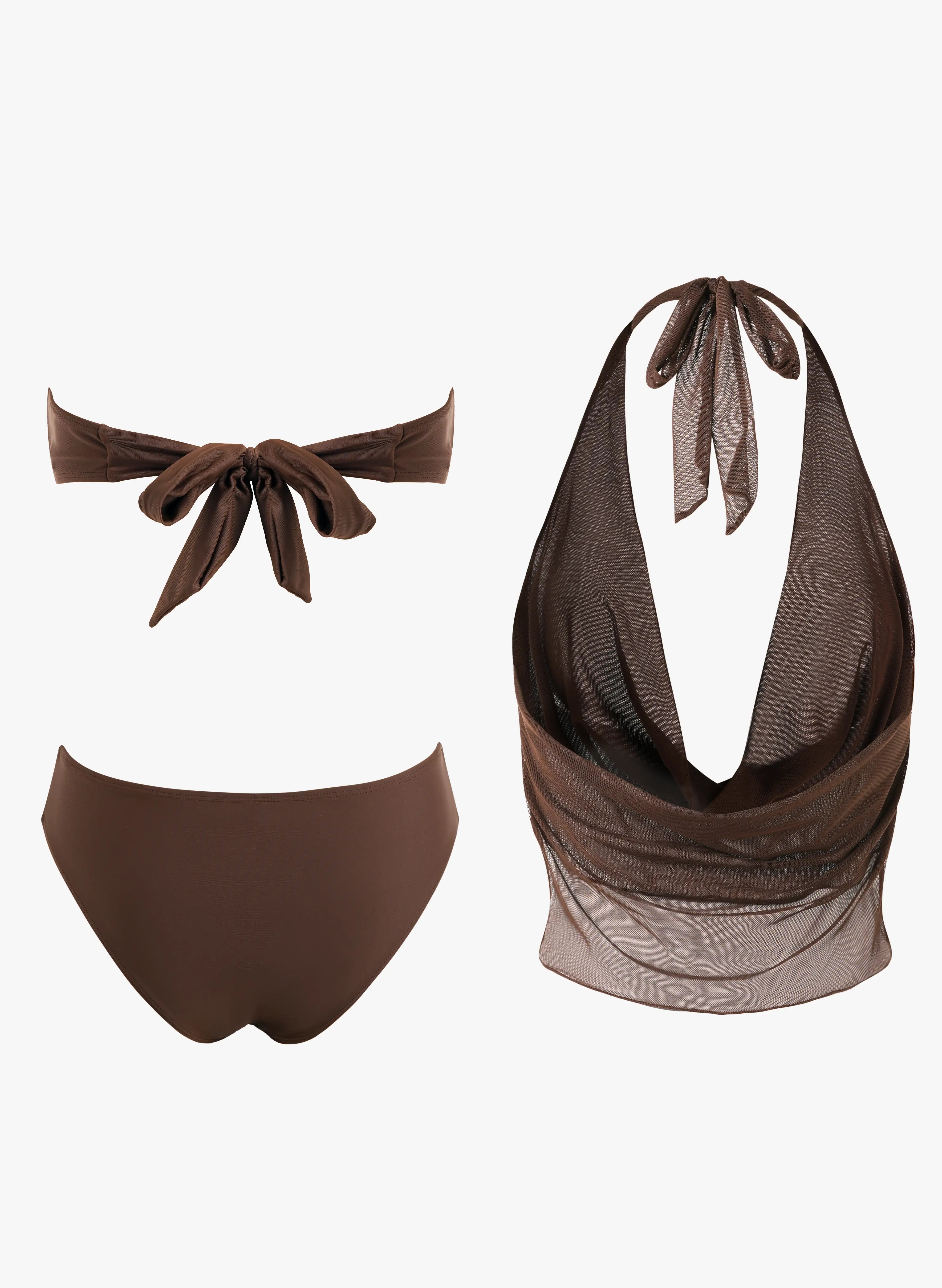 Mykonos Draped Halter Ring 3 Piece Swimsuit - Rich Mocha Brown