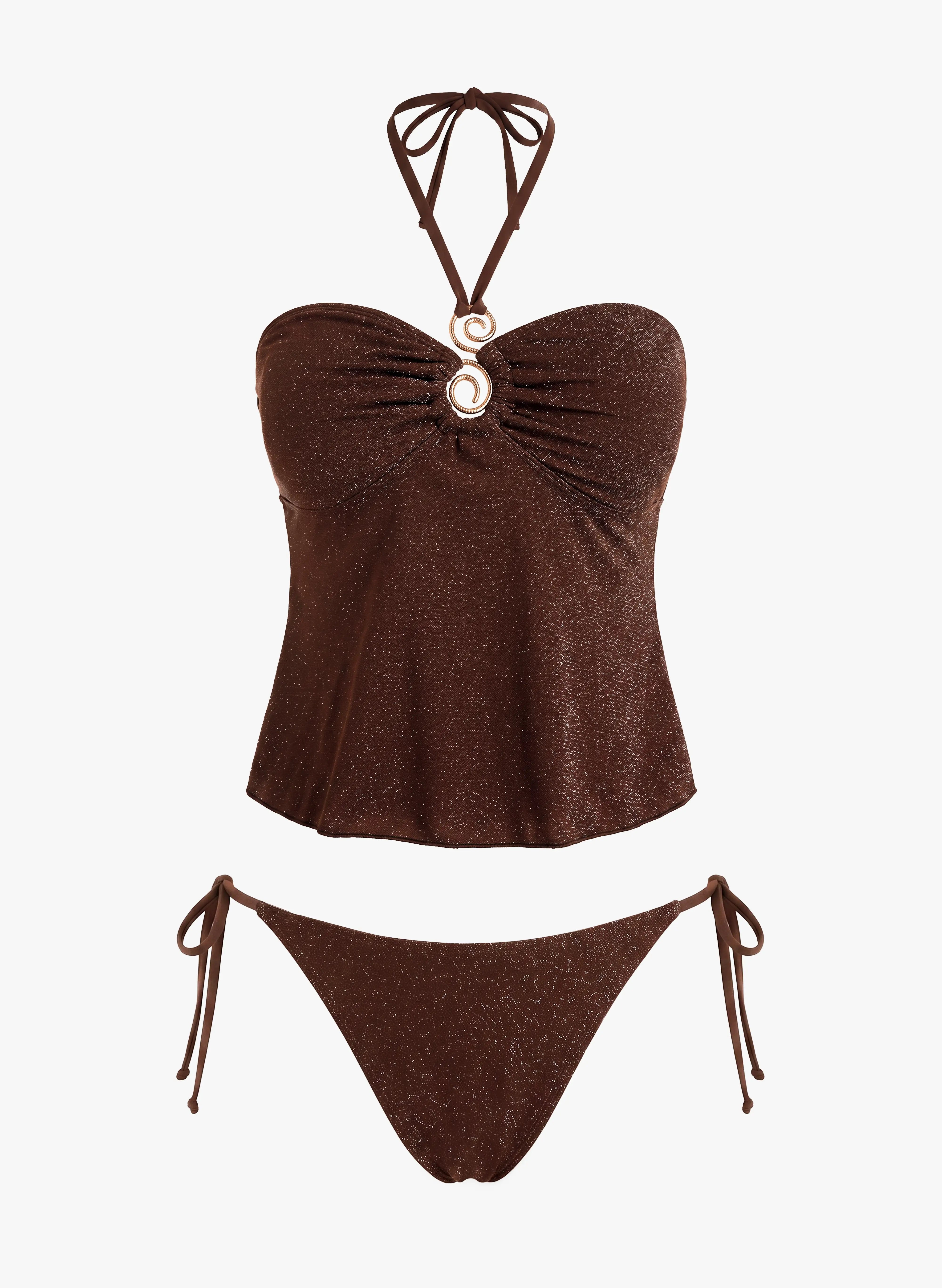 Mykonos Glitter Halter Tankini Side-Tie Set - Cocoa Brown