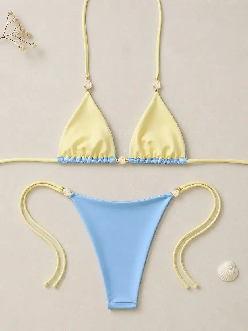 Mykonos Shell Bead Triangle Bikini Set - Sky Blue