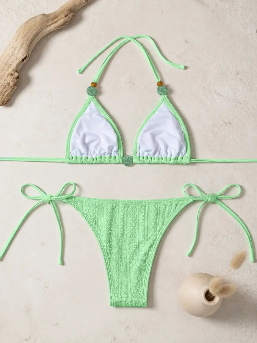 Mykonos Textured Beaded Triangle Bikini Set - Lime Zest Green