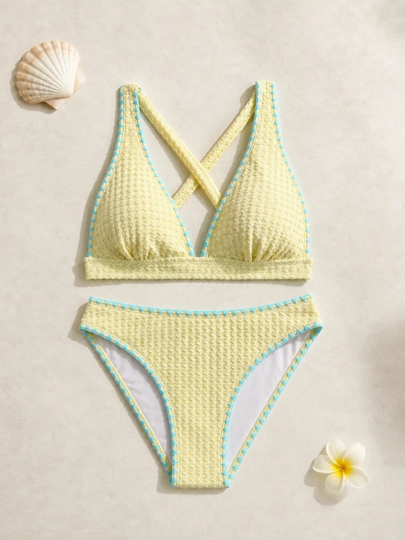 Mykonos Textured Halter Bikini Set - Limoncello Yellow & Sky Blue Trim