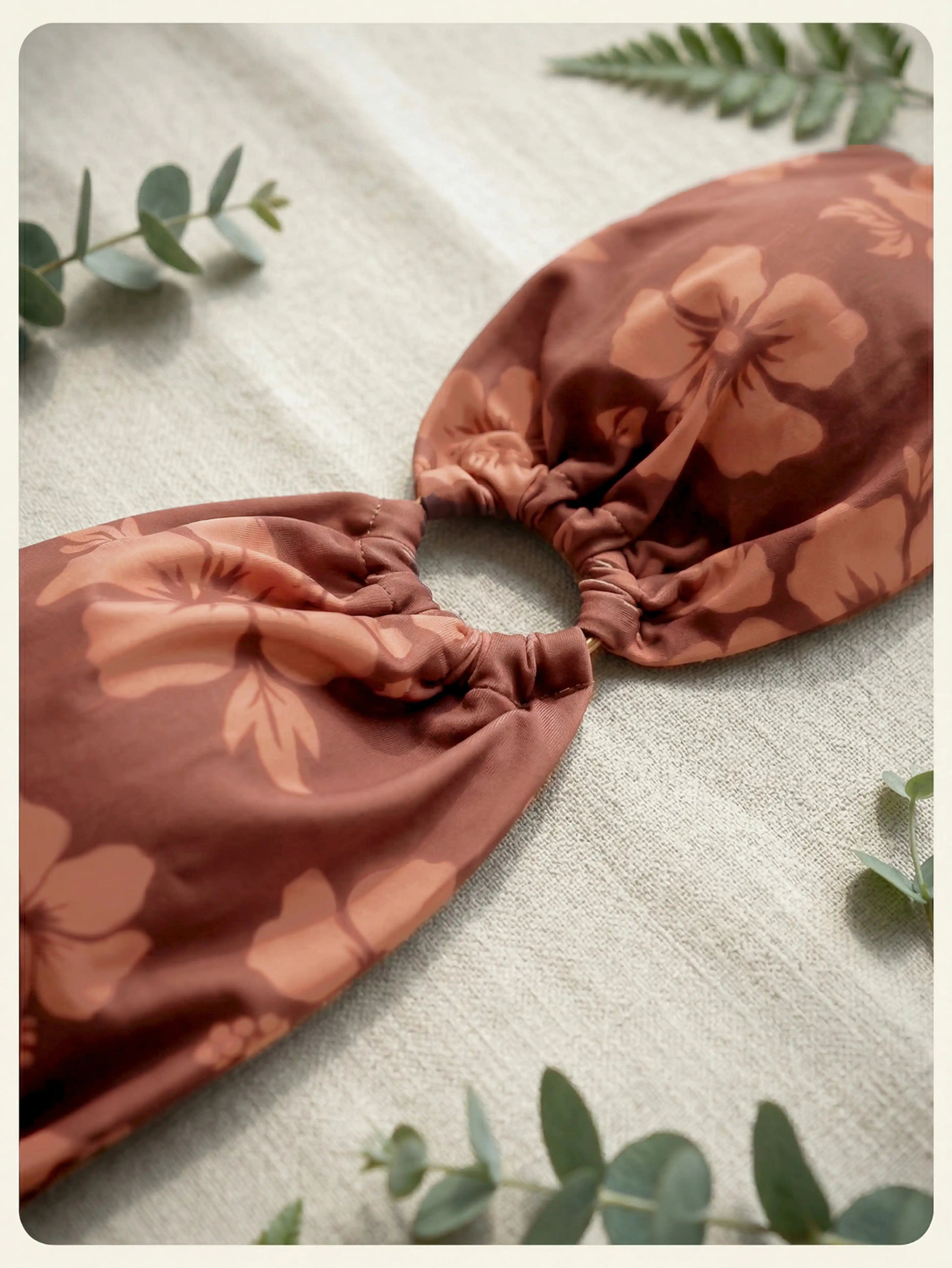 Oahu Hibiscus Ring Bandeau High Cut Bikini Set - Terracotta Brown