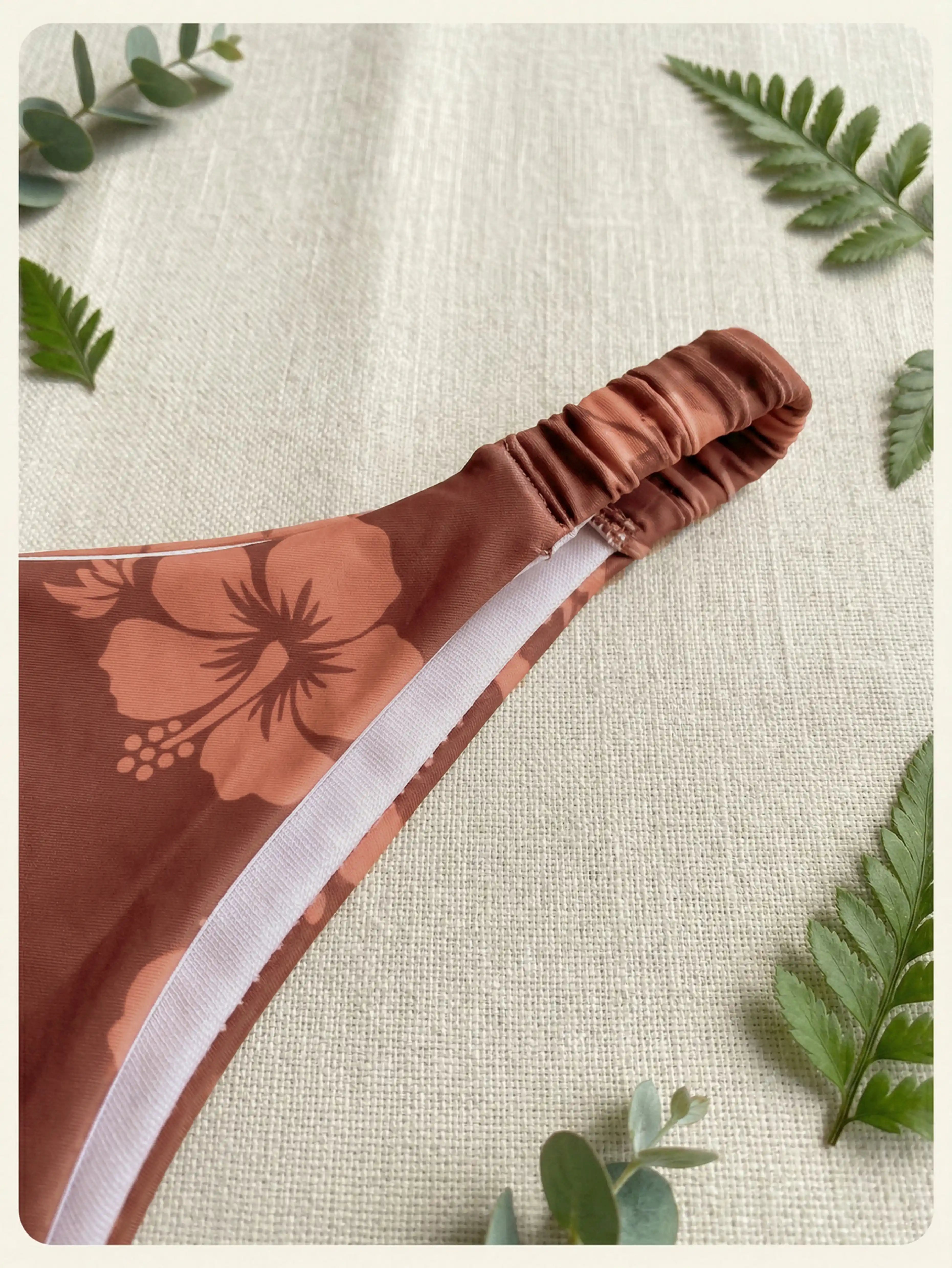 Oahu Hibiscus Ring Bandeau High Cut Bikini Set - Terracotta Brown