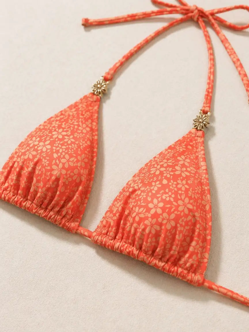 Orange Ditsy Floral Sun Rhinestone Triangle Tie Side Bikini Set