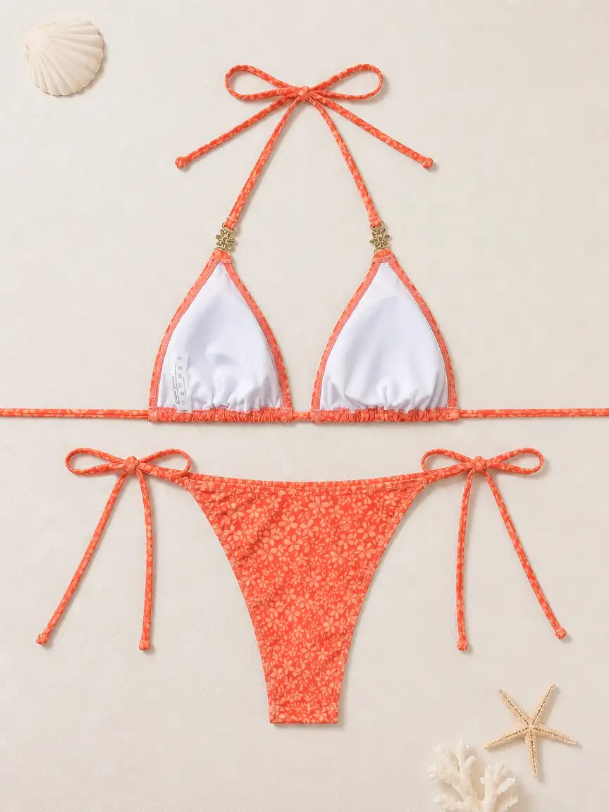 Orange Ditsy Floral Sun Rhinestone Triangle Tie Side Bikini Set