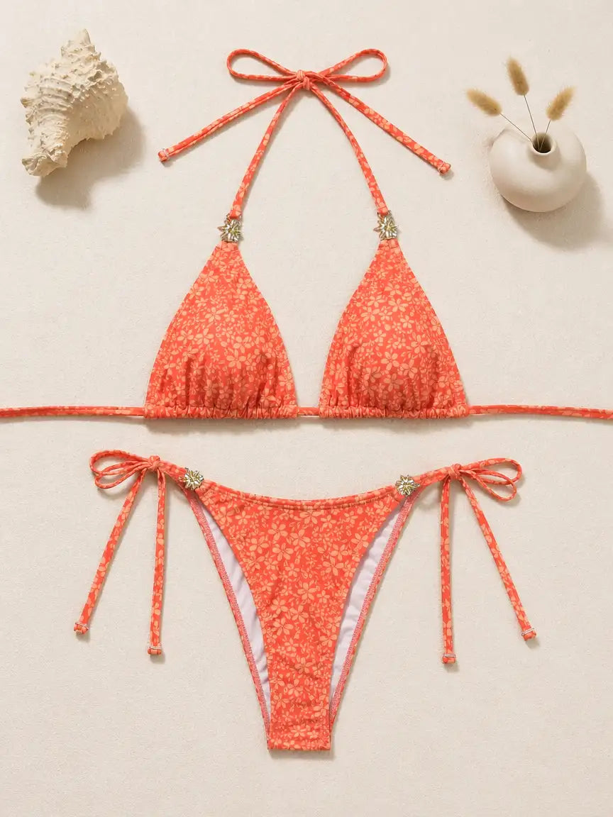 Orange Ditsy Floral Sun Rhinestone Triangle Tie Side Bikini Set