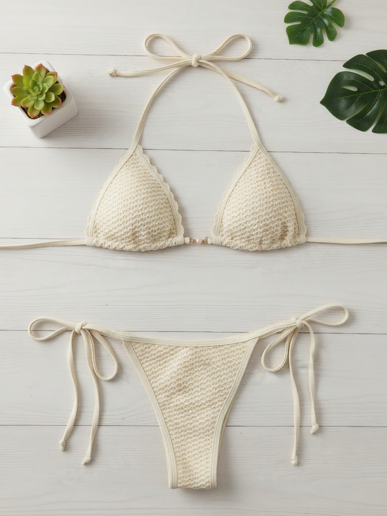 Pearl Decor Halter Neck Two Piece Bathing Suit | Beacheers