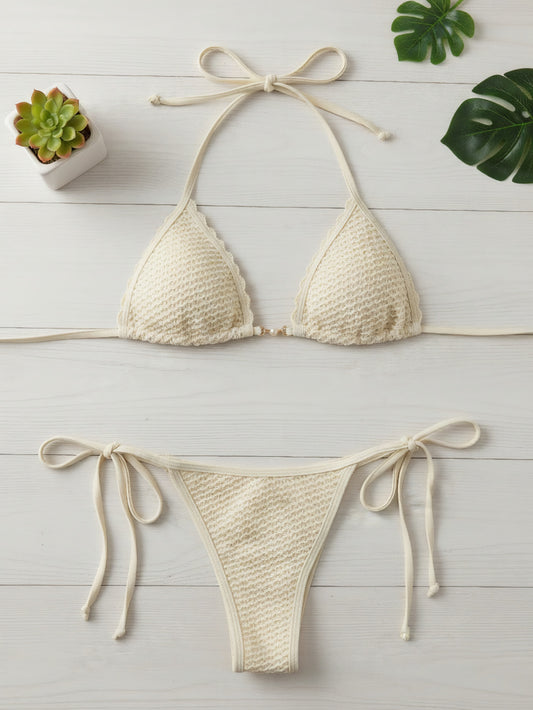 Pearl Decor Halter Neck Two Piece Bathing Suit | Beacheers