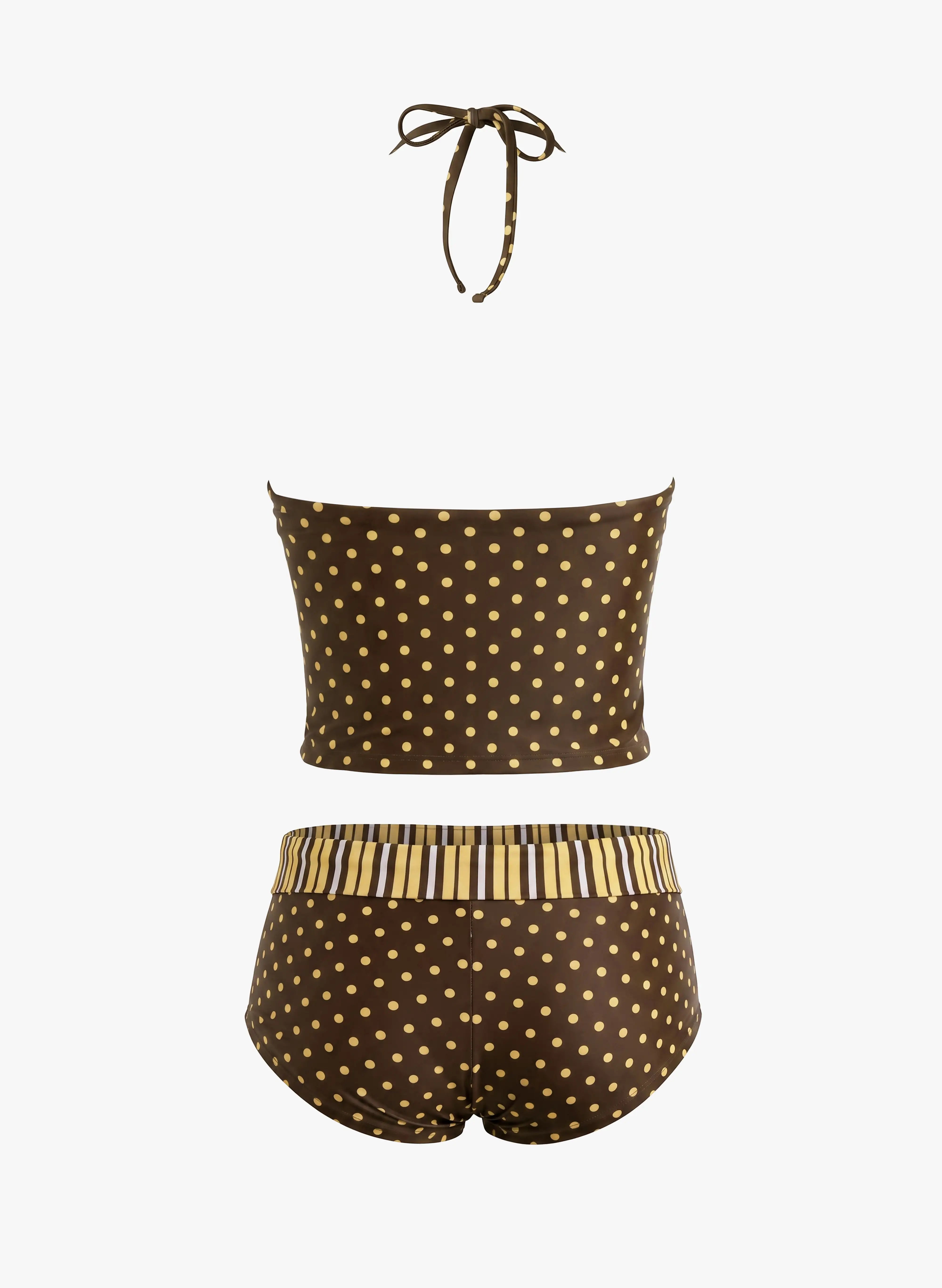 Polka Dot Elara Bow Halter Tankini Short Swim Set - Coffee Gold