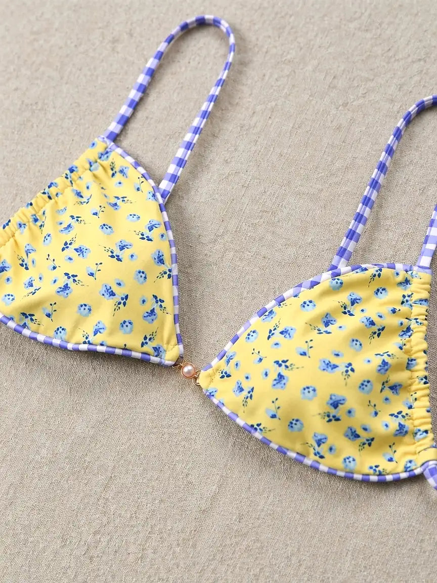 Print Wren Front Pearl Ditsy Floral Bikini Set - Lemon Yellow Blue