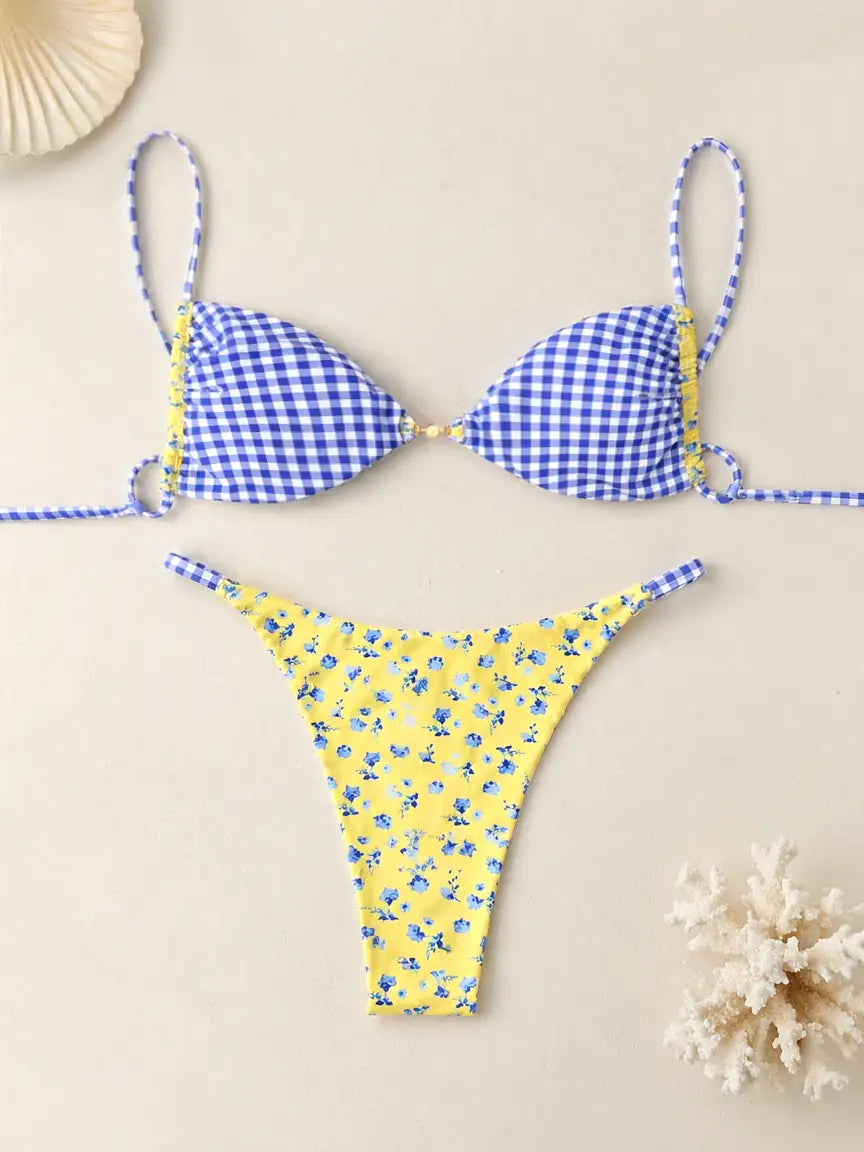 Print Wren Front Pearl Ditsy Floral Bikini Set - Lemon Yellow Blue