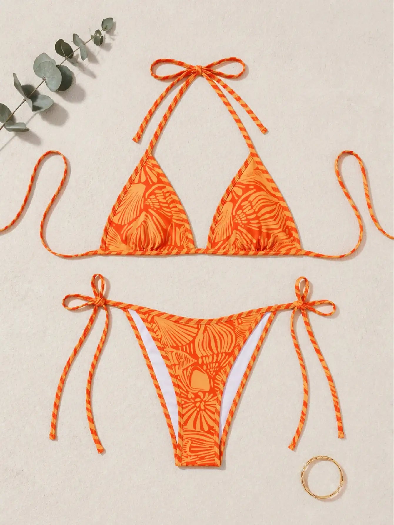 Bali Shell Print Tie Triangle Bikini Set - Tangerine Orange