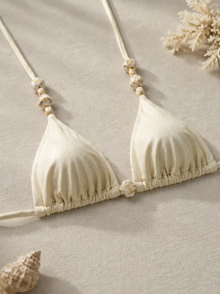 Santorini Beaded Triangle Bikini Set - Cream Ivory