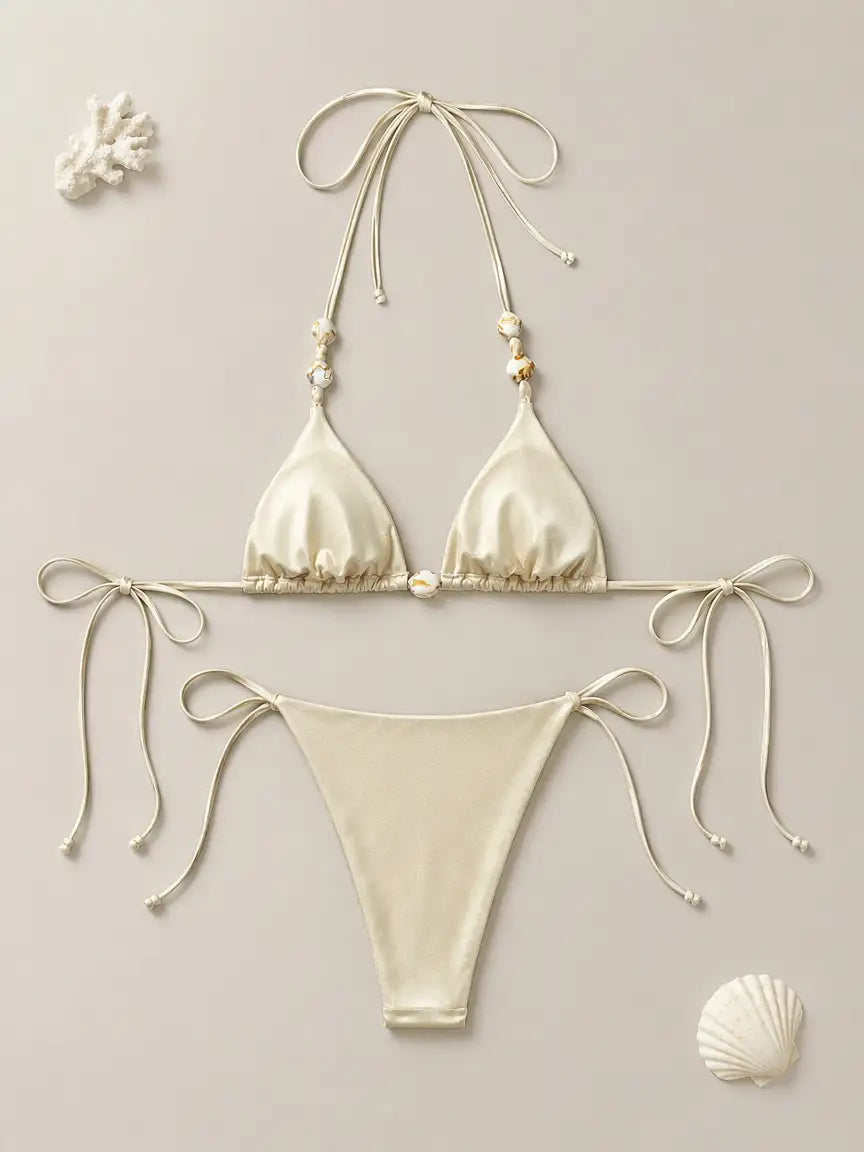 Santorini Beaded Triangle Bikini Set - Cream Ivory