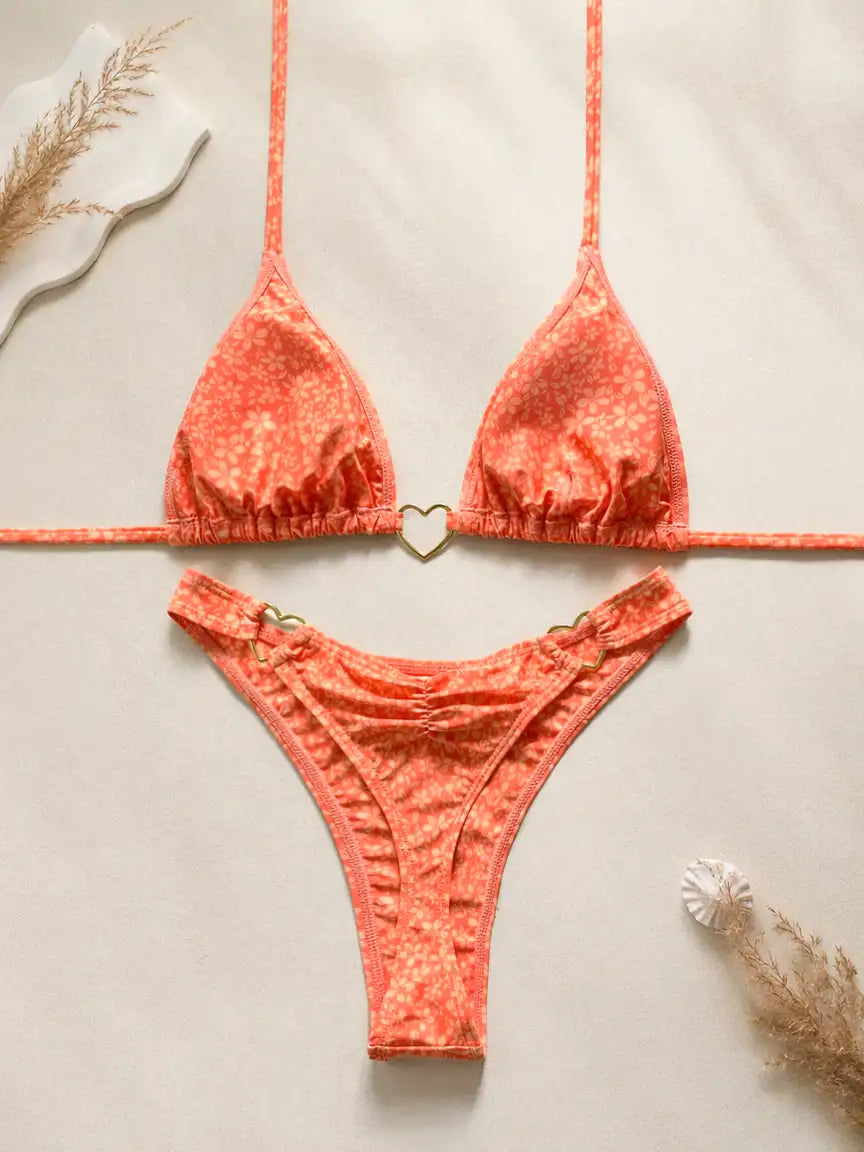 Santorini Ditsy Floral Heart Ring Bikini Set - Tangerine Coral