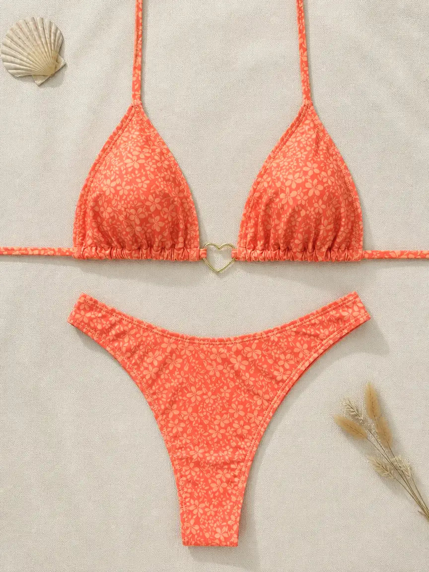 Santorini Ditsy Floral Heart Ring Bikini Set - Tangerine Coral
