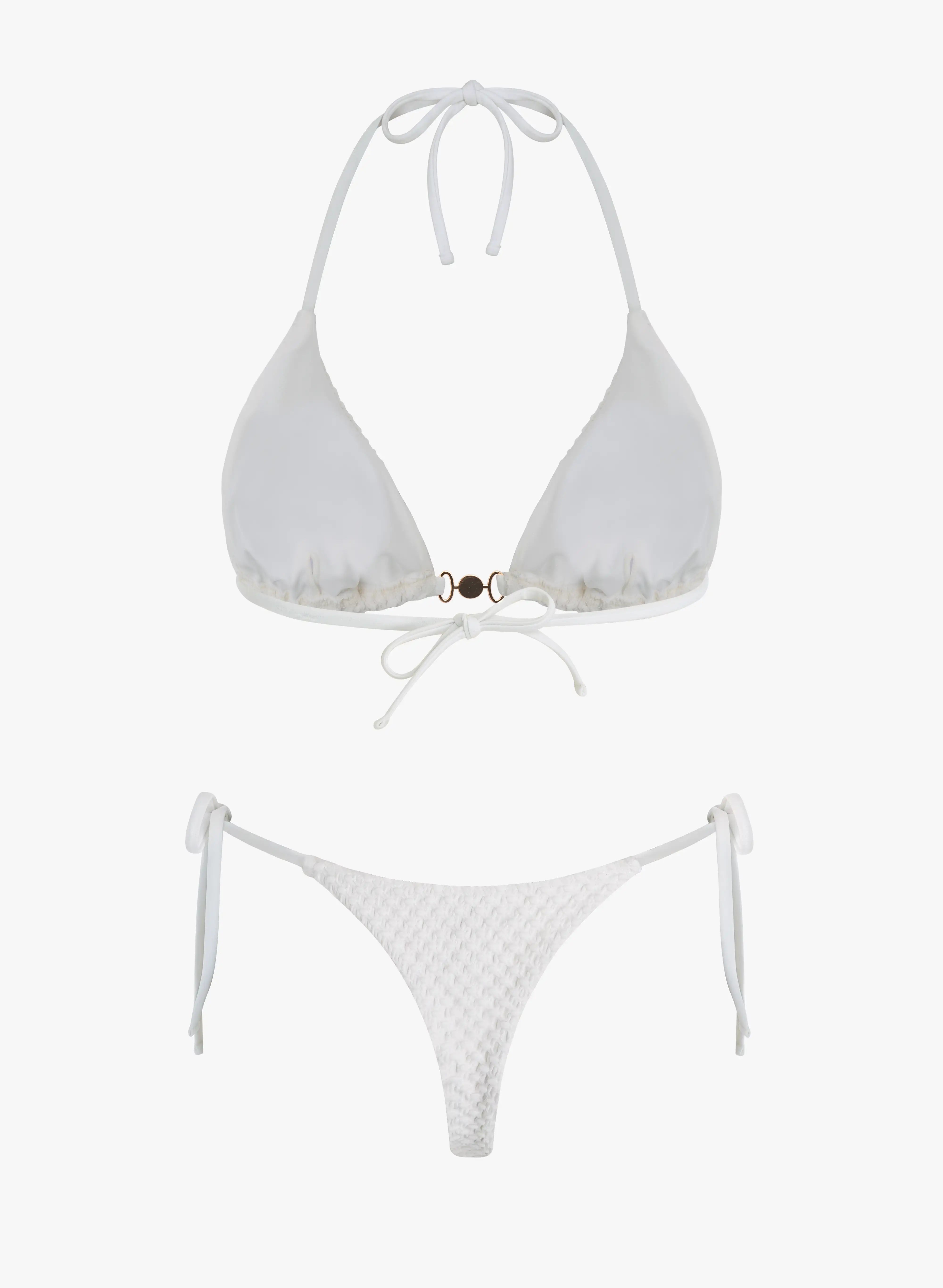 Santorini Pearl‑Hardware Waffle Triangle Bikini Set‑Off‑White