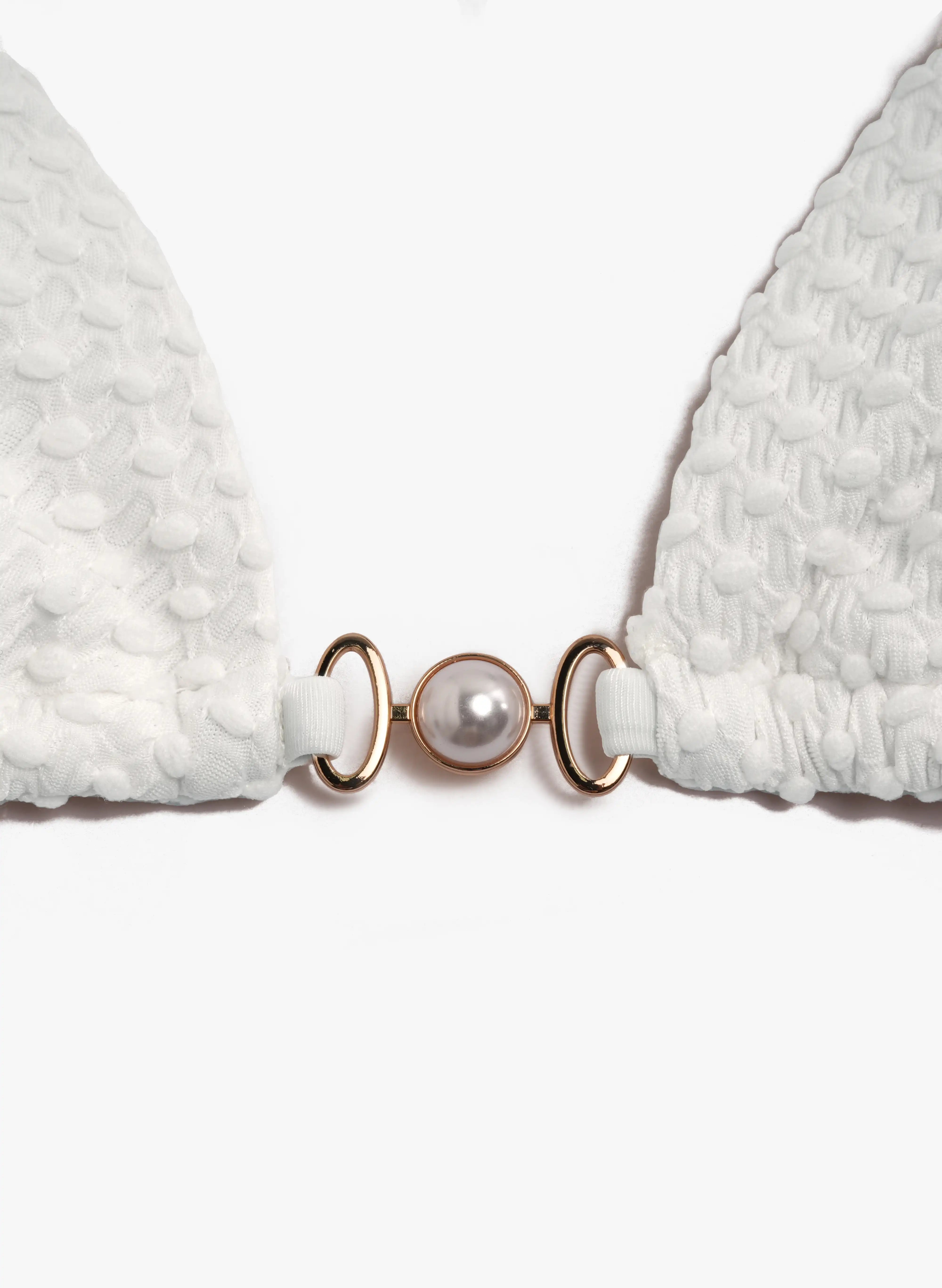 Santorini Pearl‑Hardware Waffle Triangle Bikini Set‑Off‑White