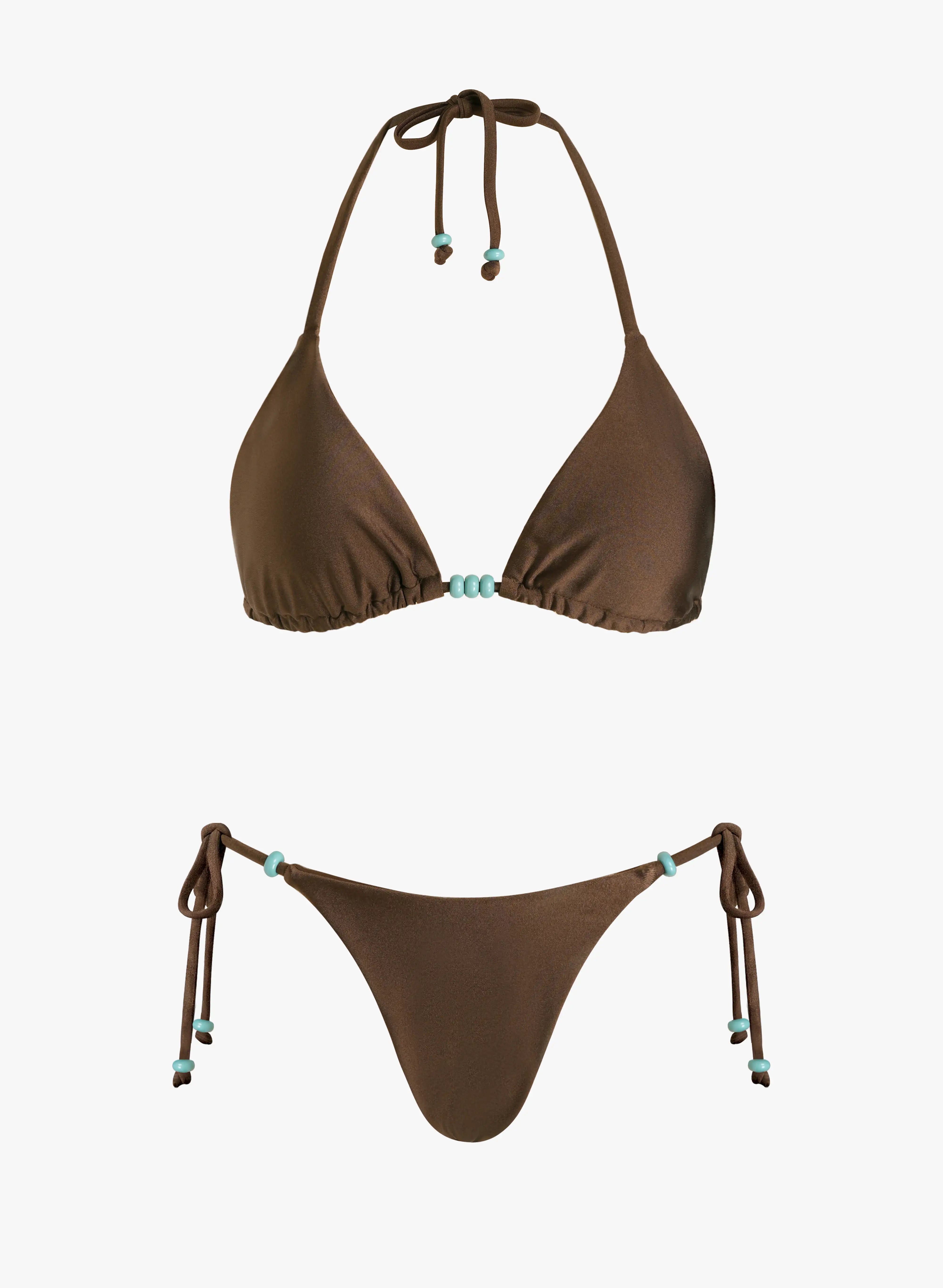 Santorini Turquoise‑Bead Halter Triangle Bikini Set‑Cocoa Brown