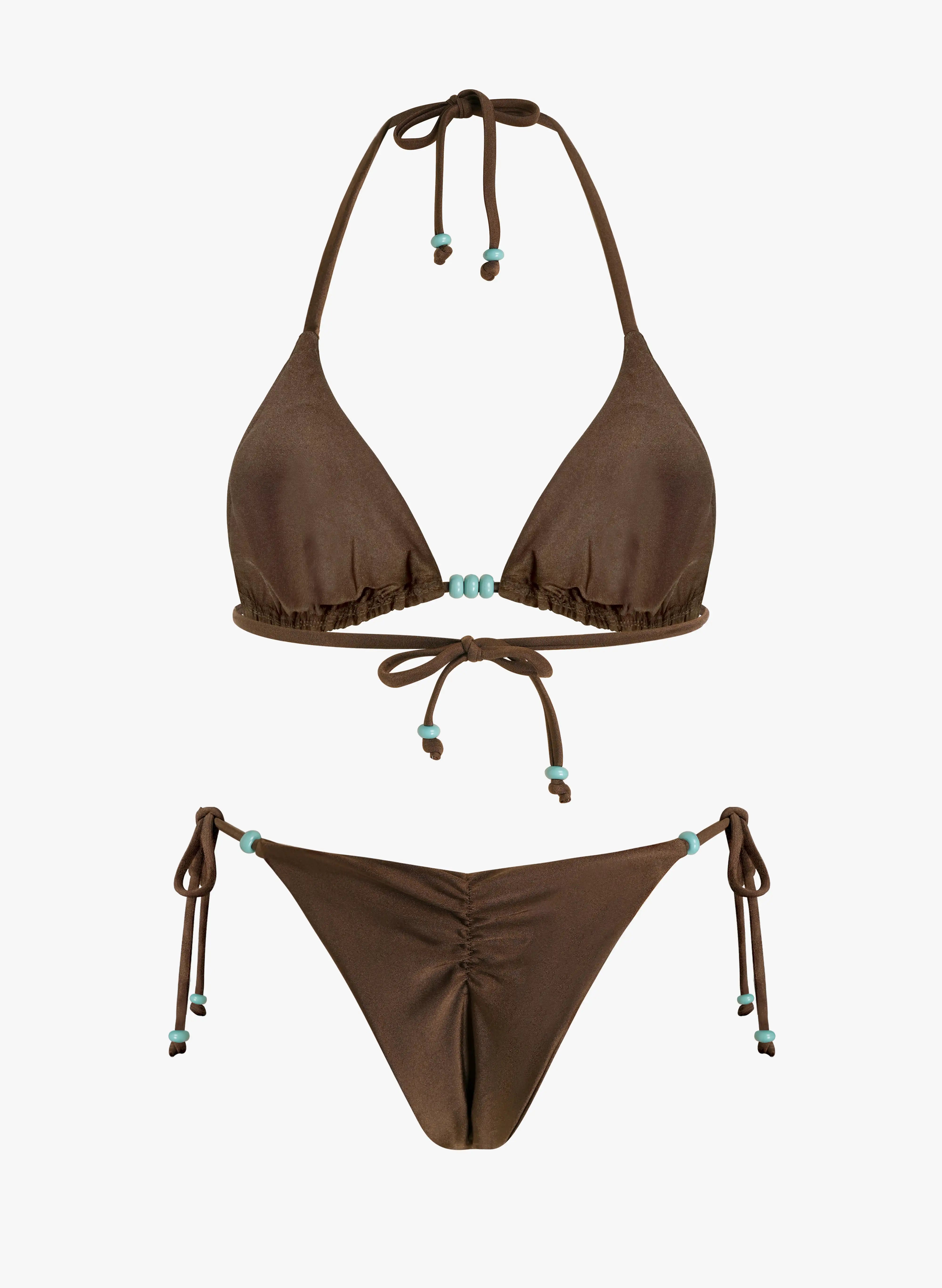Santorini Turquoise‑Bead Halter Triangle Bikini Set‑Cocoa Brown