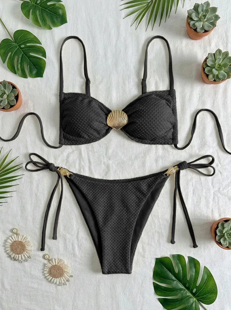 Seashell Decor Bikini Set with Matching Cover-Up Shorts