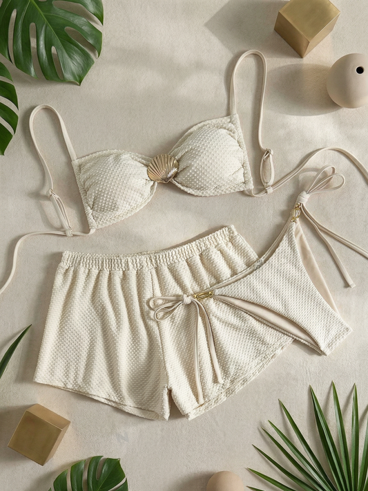 Seashell Decor Bikini Set with Matching Cover-Up Shorts | Beacheers