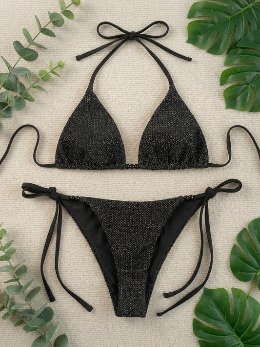 Sexy Halter Neck Triangle Top 2 Piece Sparkly Bikini Set | Beacheers