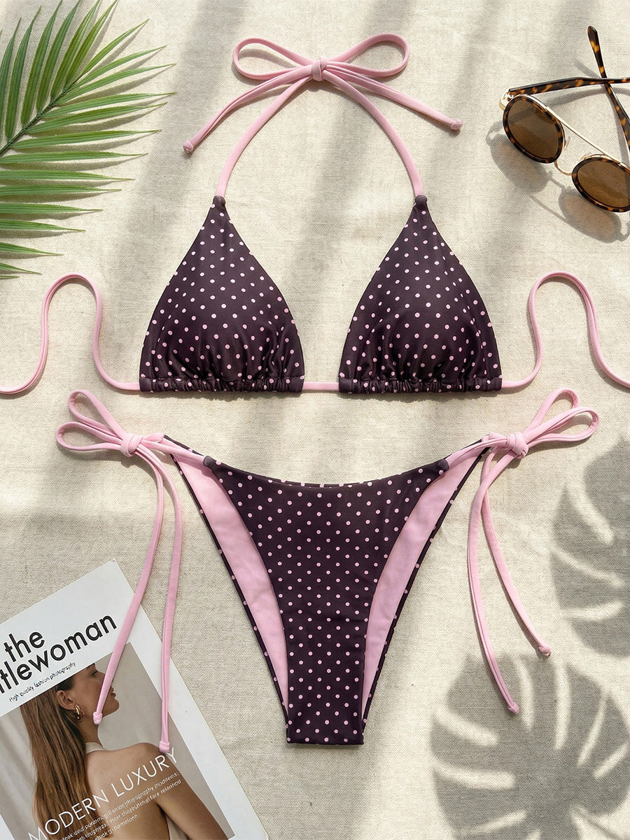 Spaghetti Backless Bikini-Pink Polka Dot | Beacheers