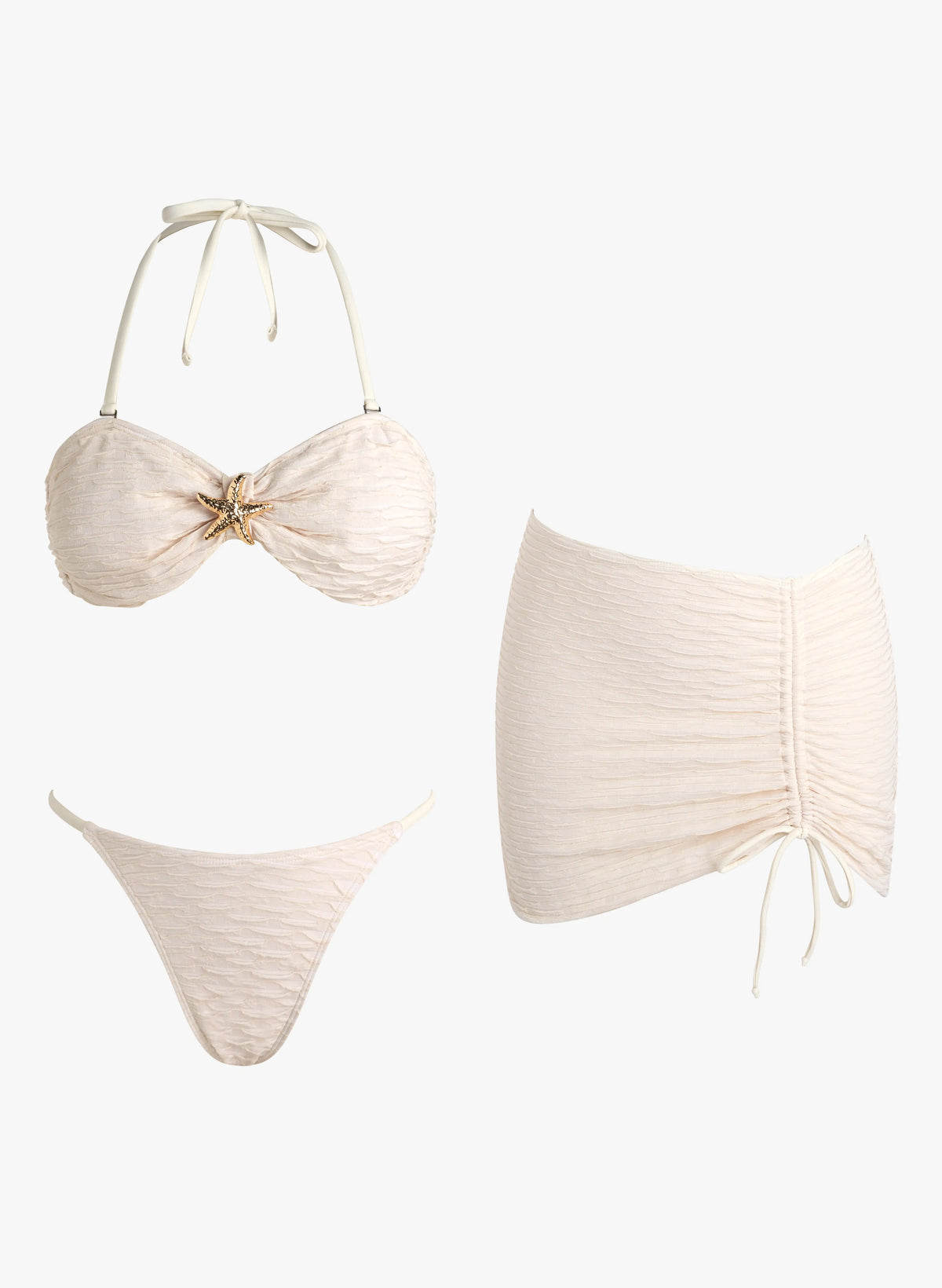 Textured 3-Piece Bikini Set with Starfish Decor and Beach Skirt | Beacheers