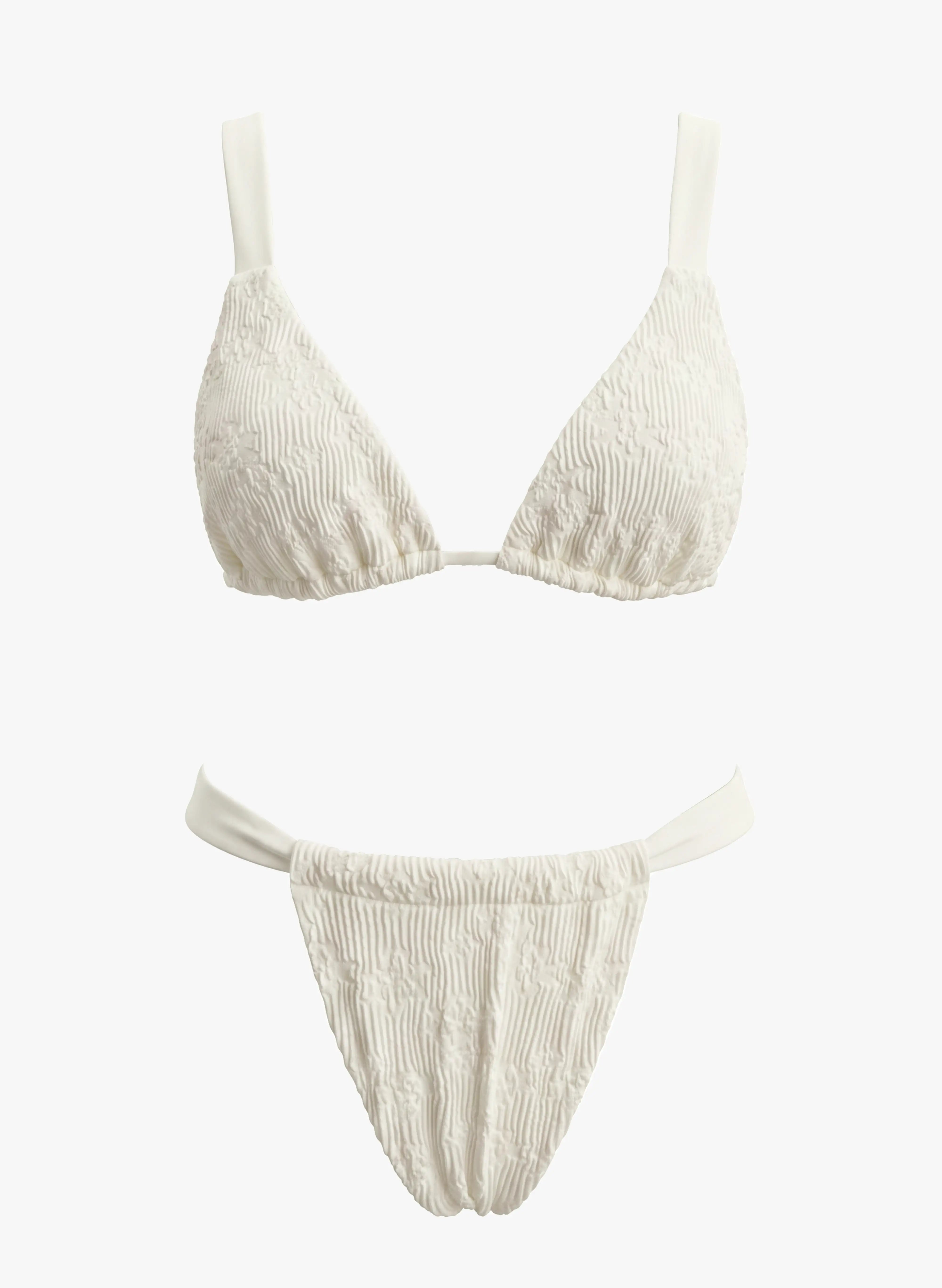 Textured Floral Adjustable Strap Bikini Set - White