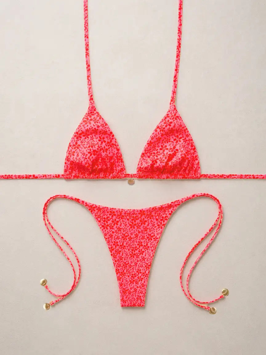 Tulum Ditsy Floral Gold Charm Side Tie Bikini Set - Hot Pink