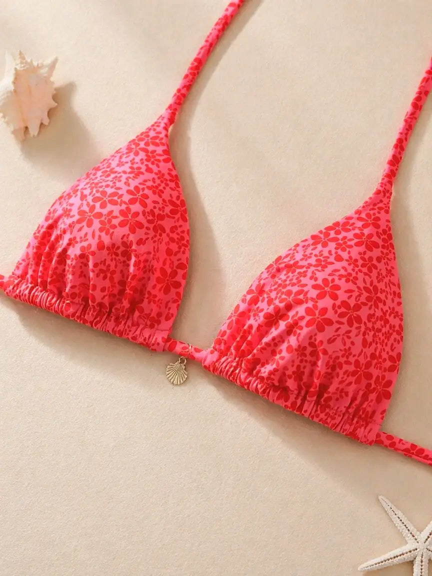 Tulum Ditsy Floral Gold Charm Side Tie Bikini Set - Hot Pink