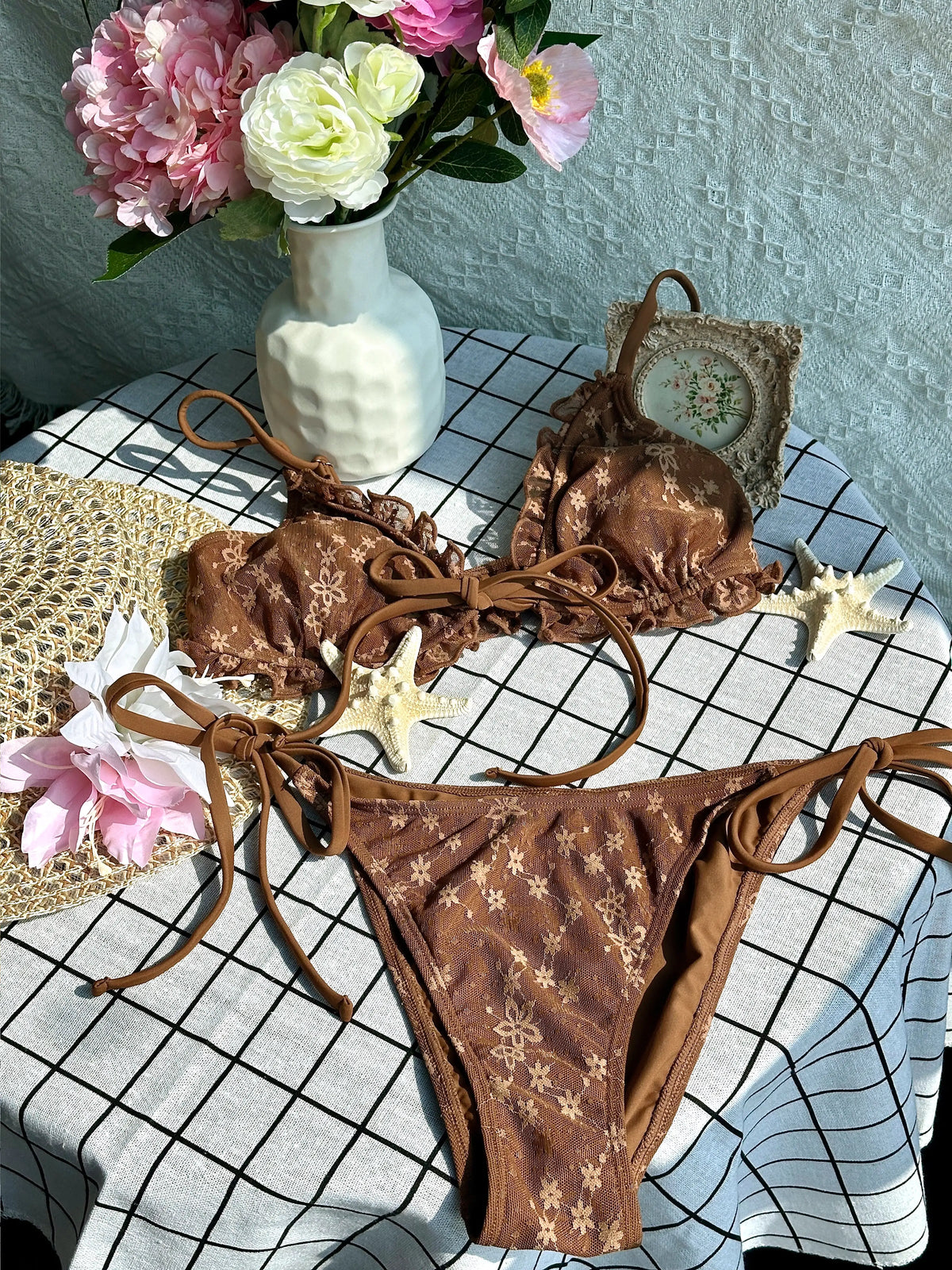 Tuscany Ruffle Front Tie Bikini Set - Burnt Umber Brown