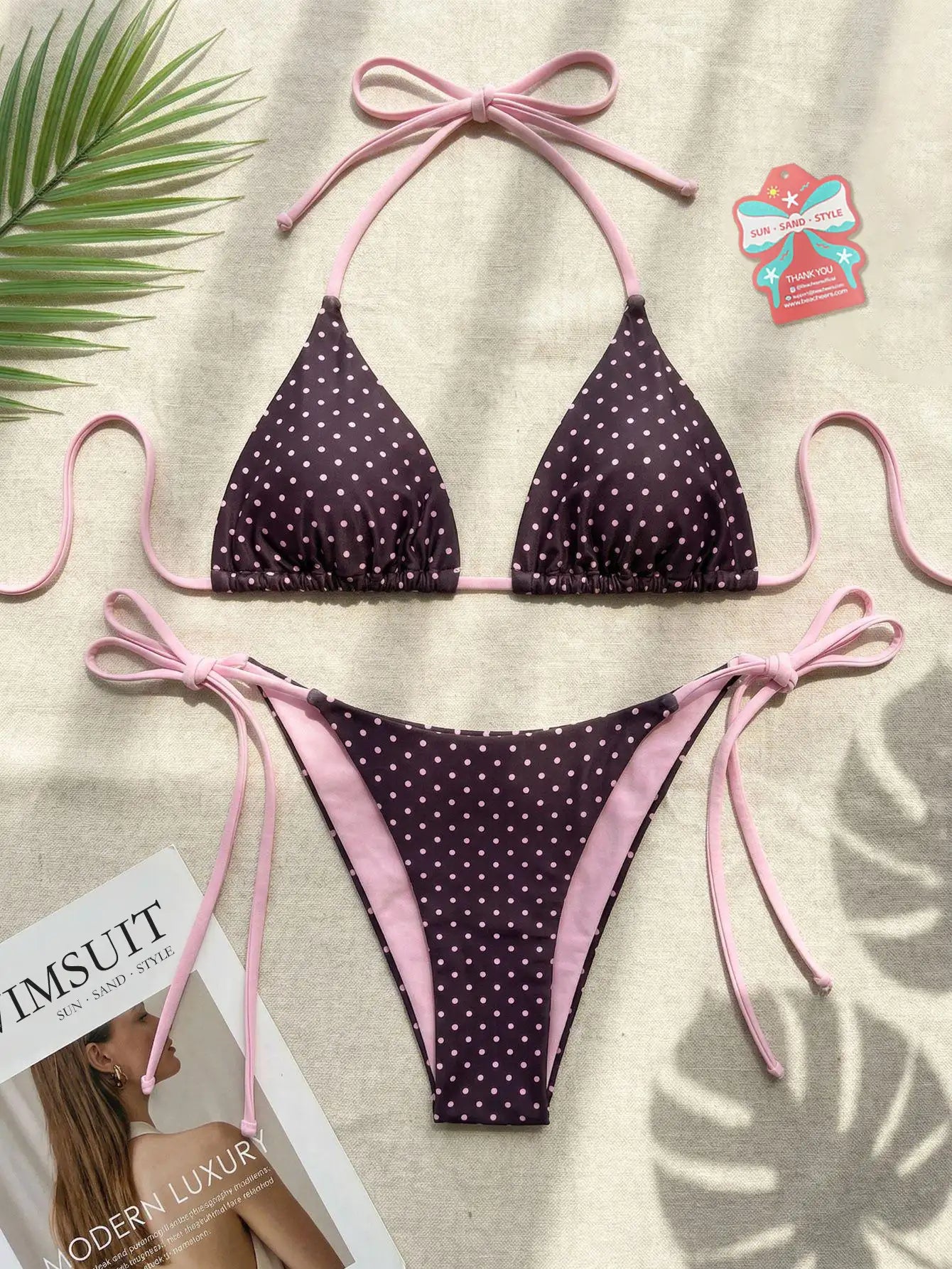 Spaghetti Backless Bikini-Pink Polka Dot