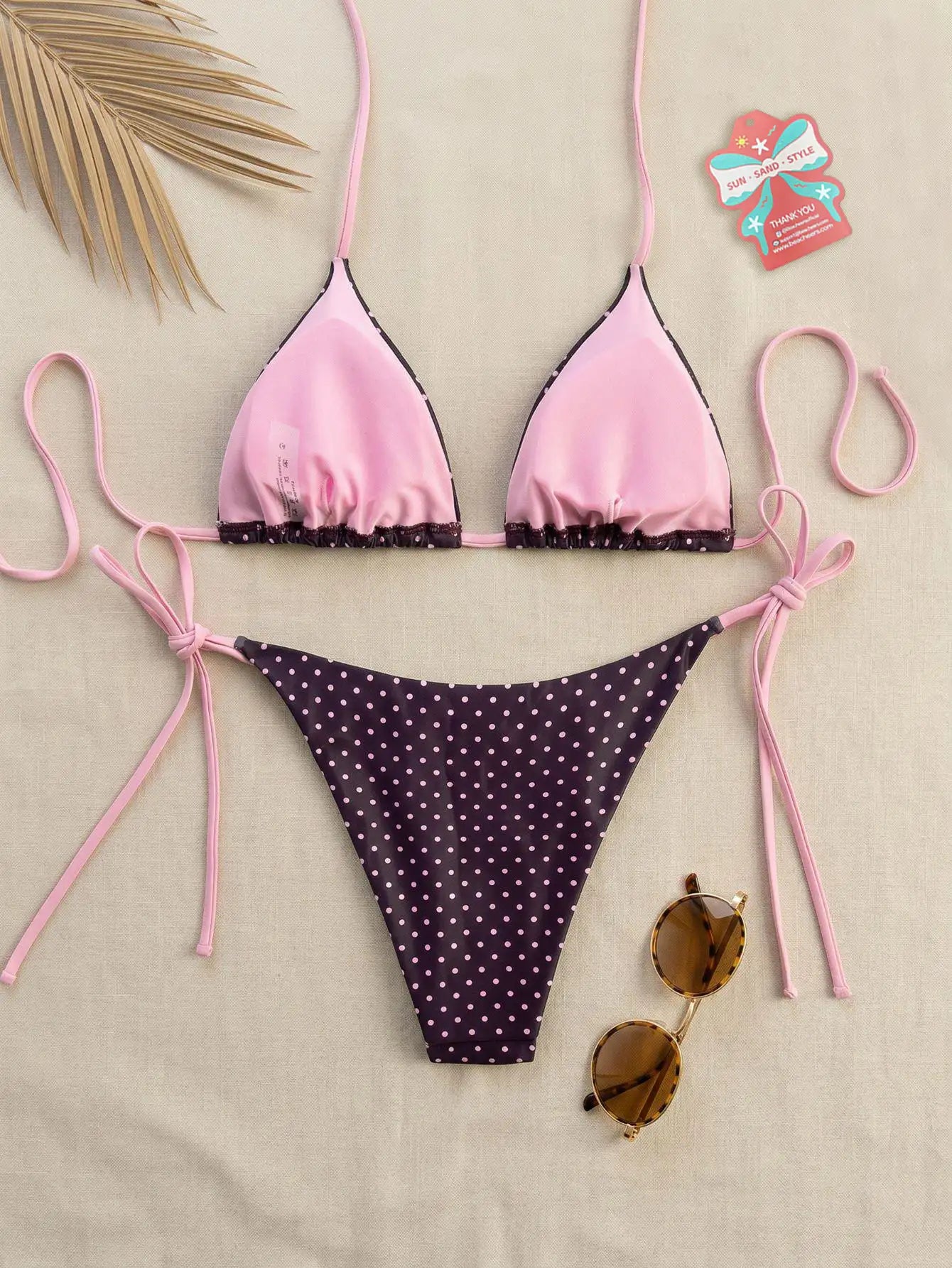 Spaghetti Backless Bikini-Pink Polka Dot
