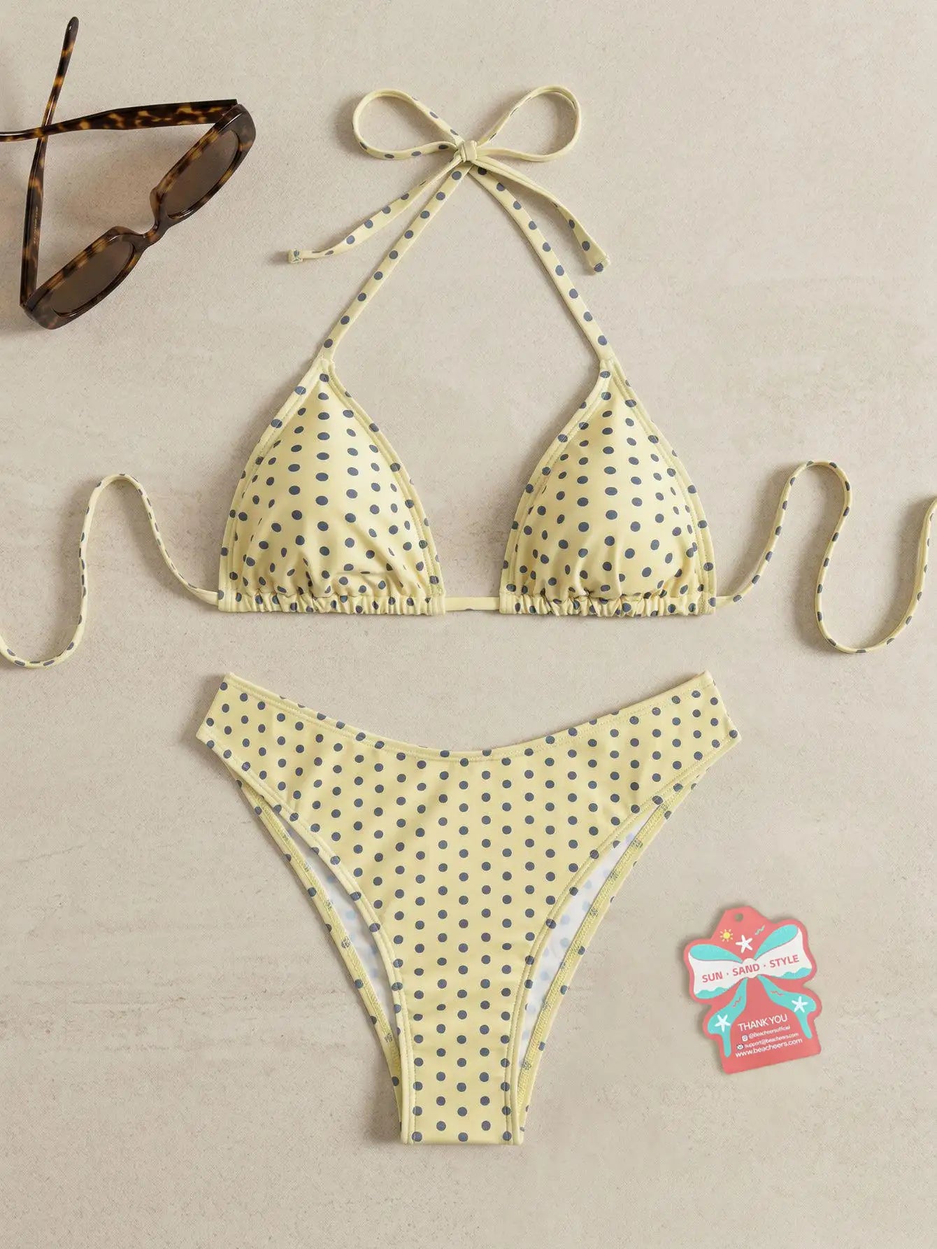 Polka Print Sweet Cute Side High Cut Bikini Swimsuit 2-Piece Set