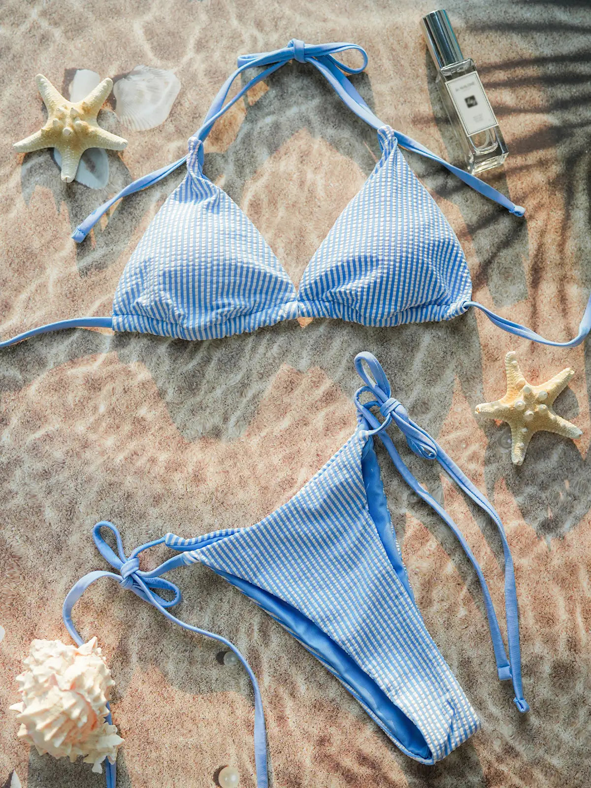 Zara Crinkle-gestreiftes Neckholder-Bikini-Set mit seitlicher Bindung