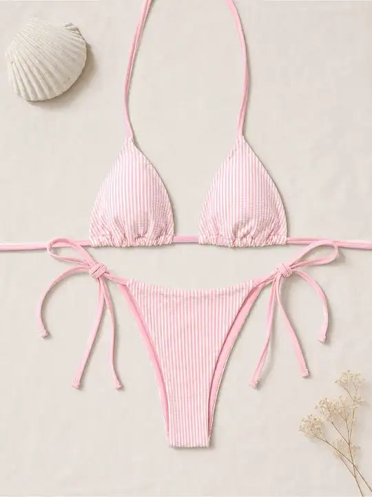 2pcs/Set New Crinkle Striped Halter Cut Spaghetti Strap Bikini Swimwear
