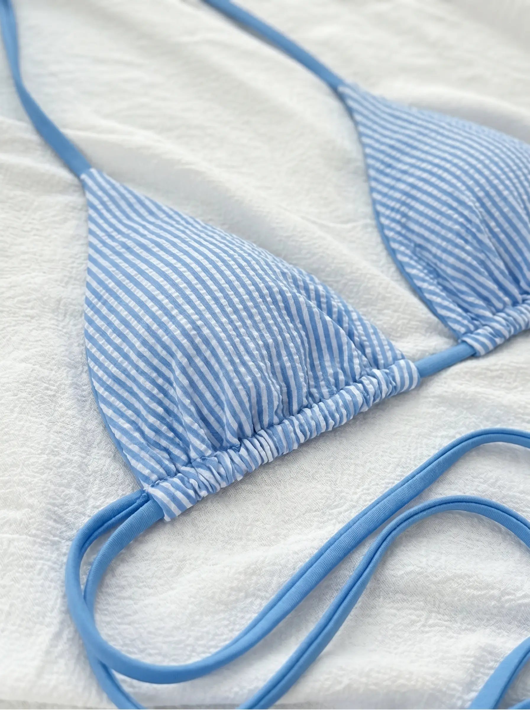 2pcs/Set New Crinkle Striped Halter Cut Spaghetti Strap Bikini Swimwear