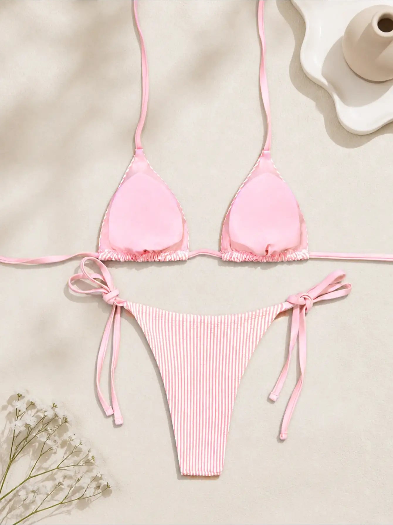2pcs/Set New Crinkle Striped Halter Cut Spaghetti Strap Bikini Swimwear