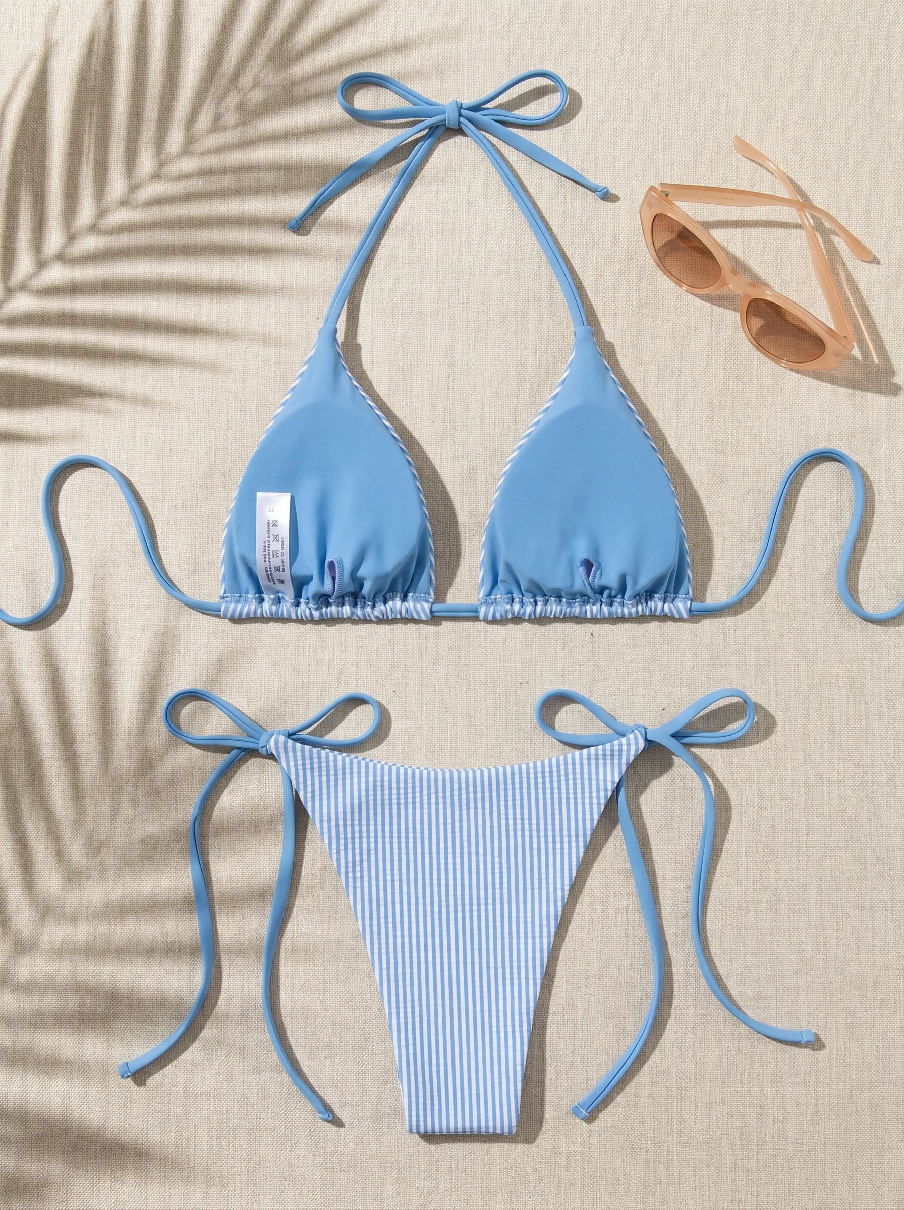 2pcs/Set New Crinkle Striped Halter Cut Spaghetti Strap Bikini Swimwear