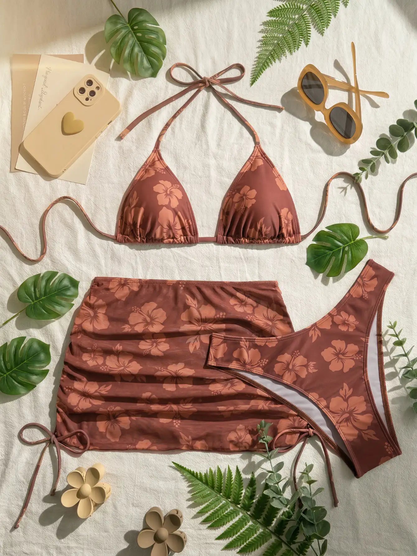 3 Piece Floral Bikini Set with High Cut Bottom and Ruched Cover Up Skirt Swimsuit