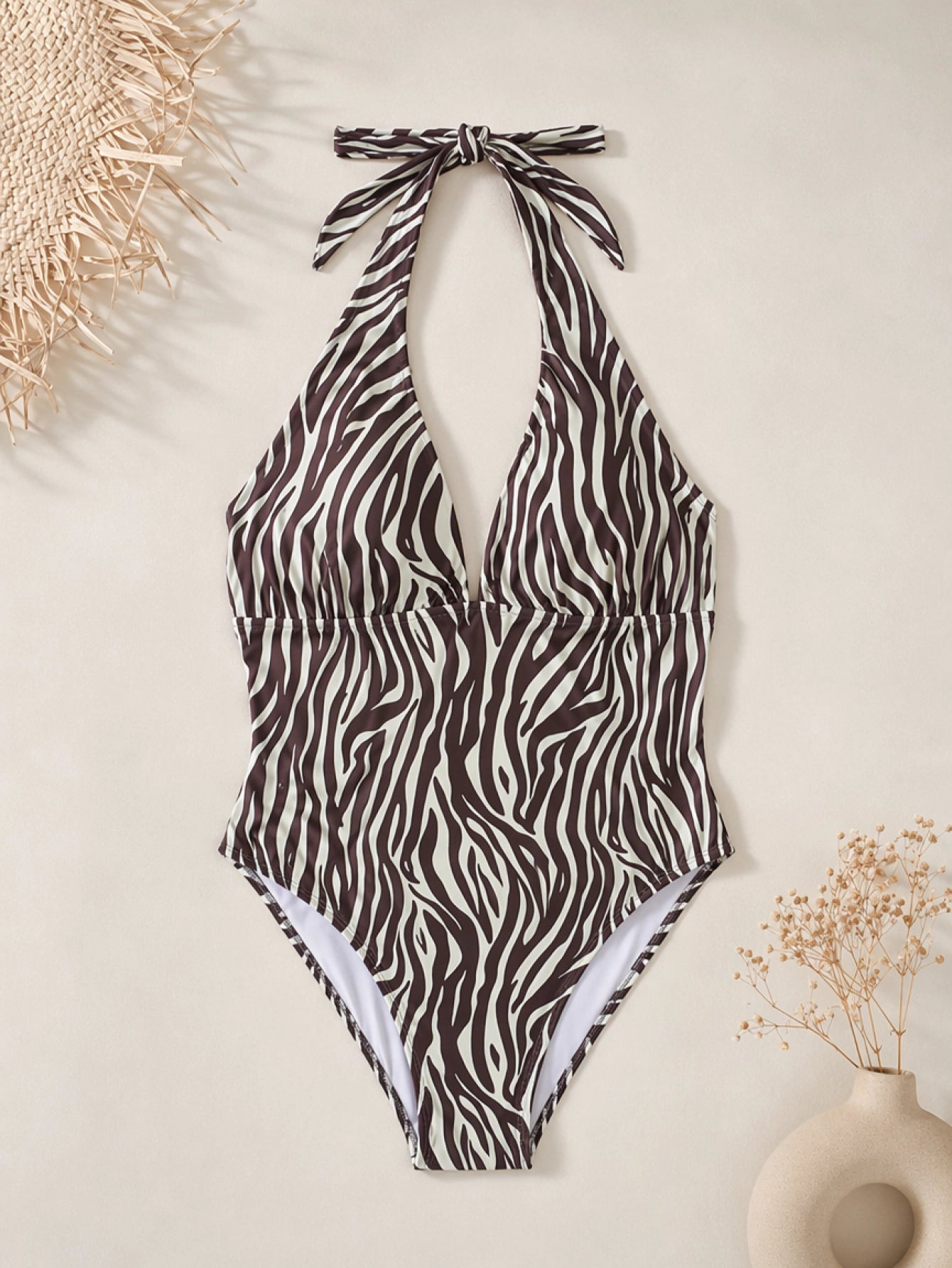 brown-yellow-striped-print-plunging-v-neck-fitted-one-piece-bikini-swimsuit– Beacheers