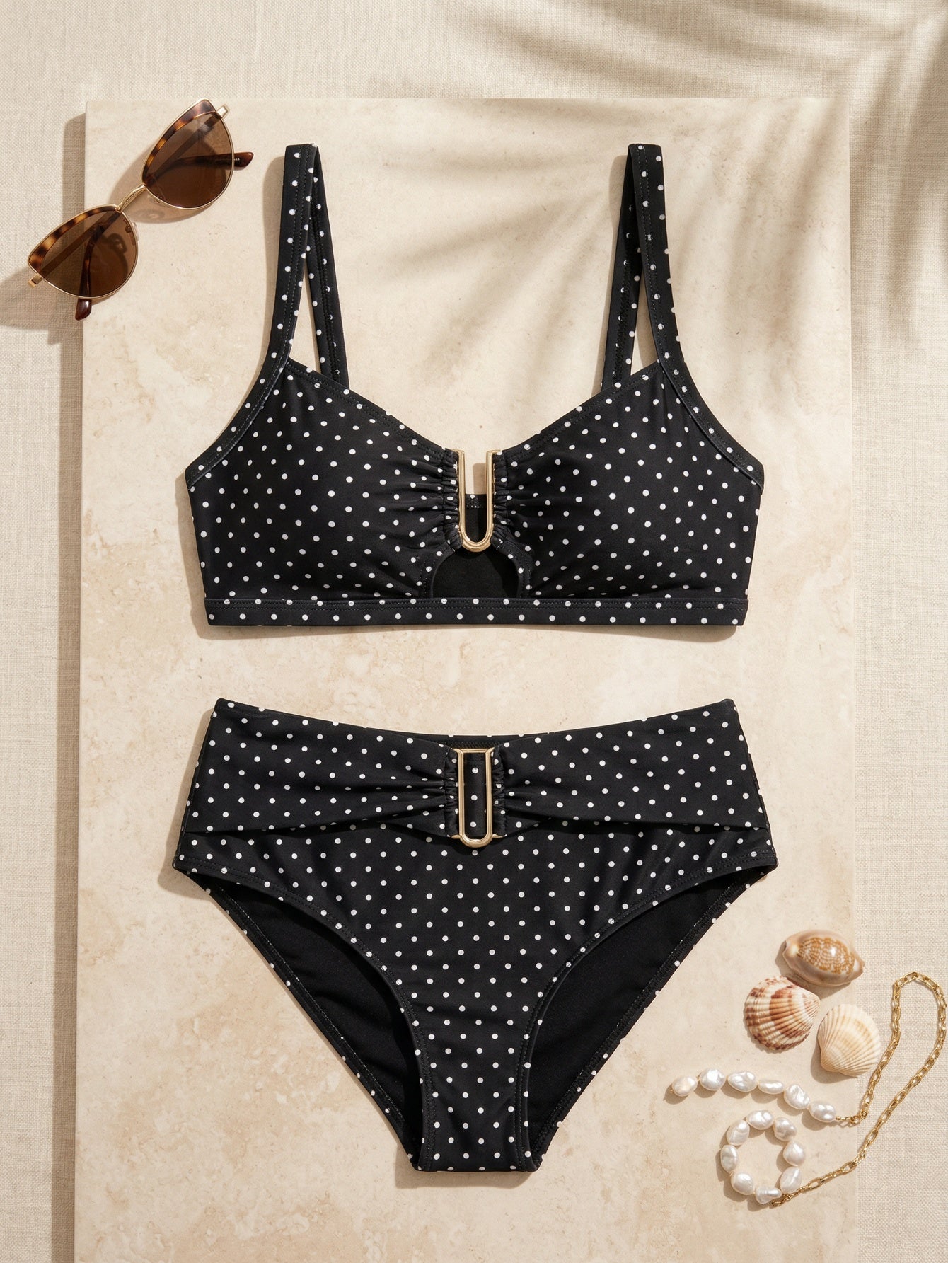 Adjustable Thick Strap Square Neck Gold U-Shaped Decor Side High Waist Sequin Design Women Elegant Bikini Set Set Women Two Pieces Sets Swimwear |Beacheers 