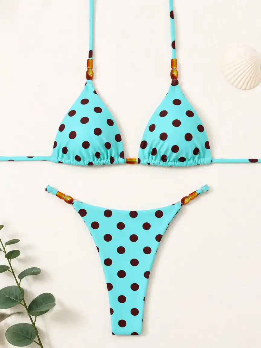 Amalfi Beaded Polka Dot Triangle Bikini Set - Turquoise Mocha